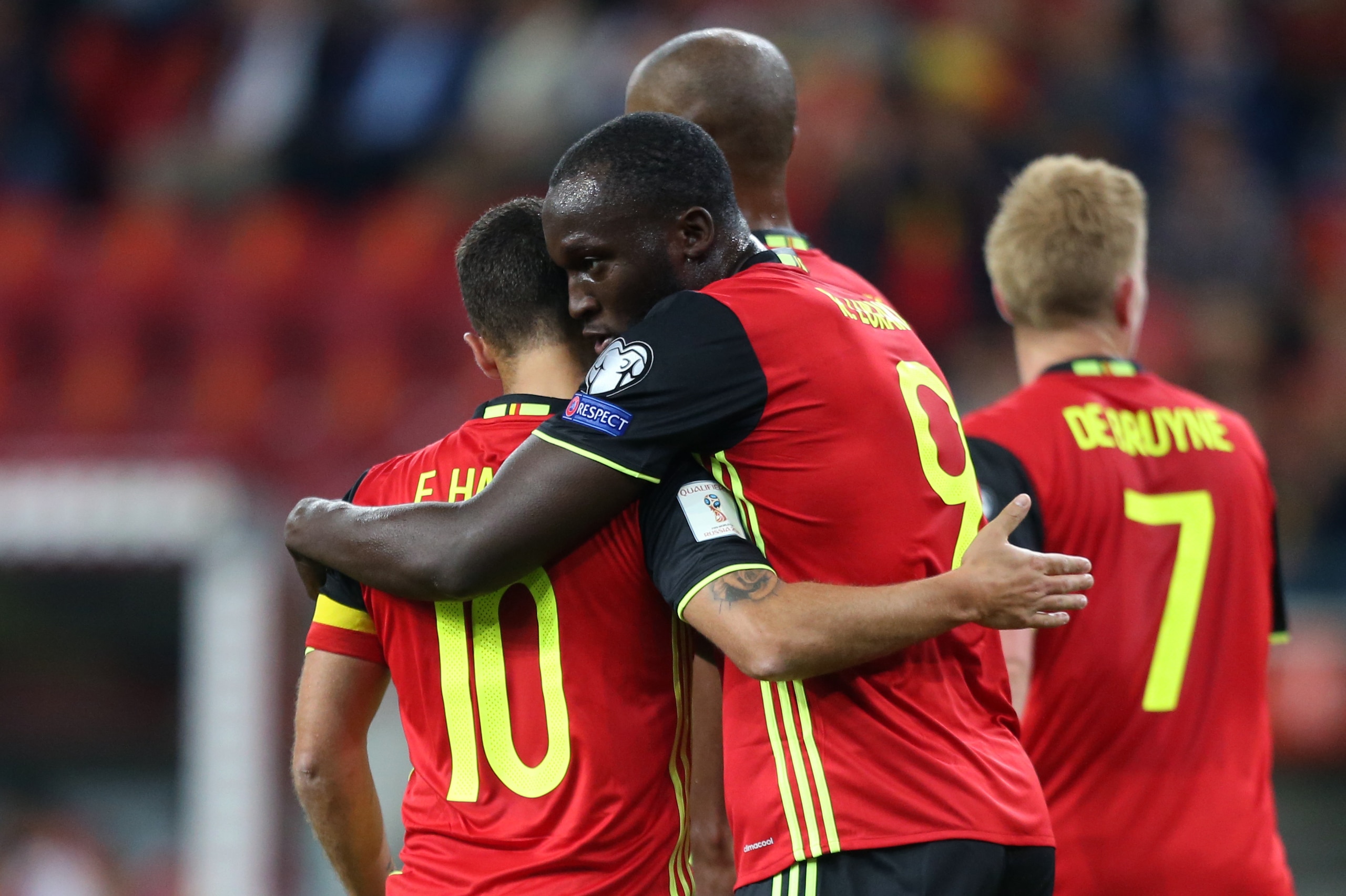 20170831 - Liege, Belgium / Fifa WC 2018 Qualifying match : Belgium v Gibraltar / 'nEden HAZARD - Romelu LUKAKU - Celebration'nEuropean Qualifiers / Qualifying Round Group H /  'nPicture by Vincent Van Doornick / Isosport
