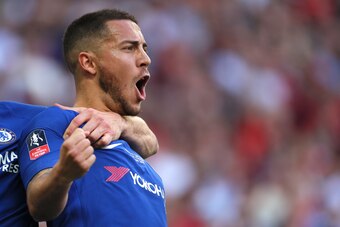 LONDON, ENGLAND - MAY 19:  Eden Hazard of Chelsea celebrates scoring a goal to make the score 1-0 during the Emirates FA Cup Final between Chelsea and Manchester United at Wembley Stadium on May 19, 2018 in London, England. (Photo by Matthew Ashton - AMA/