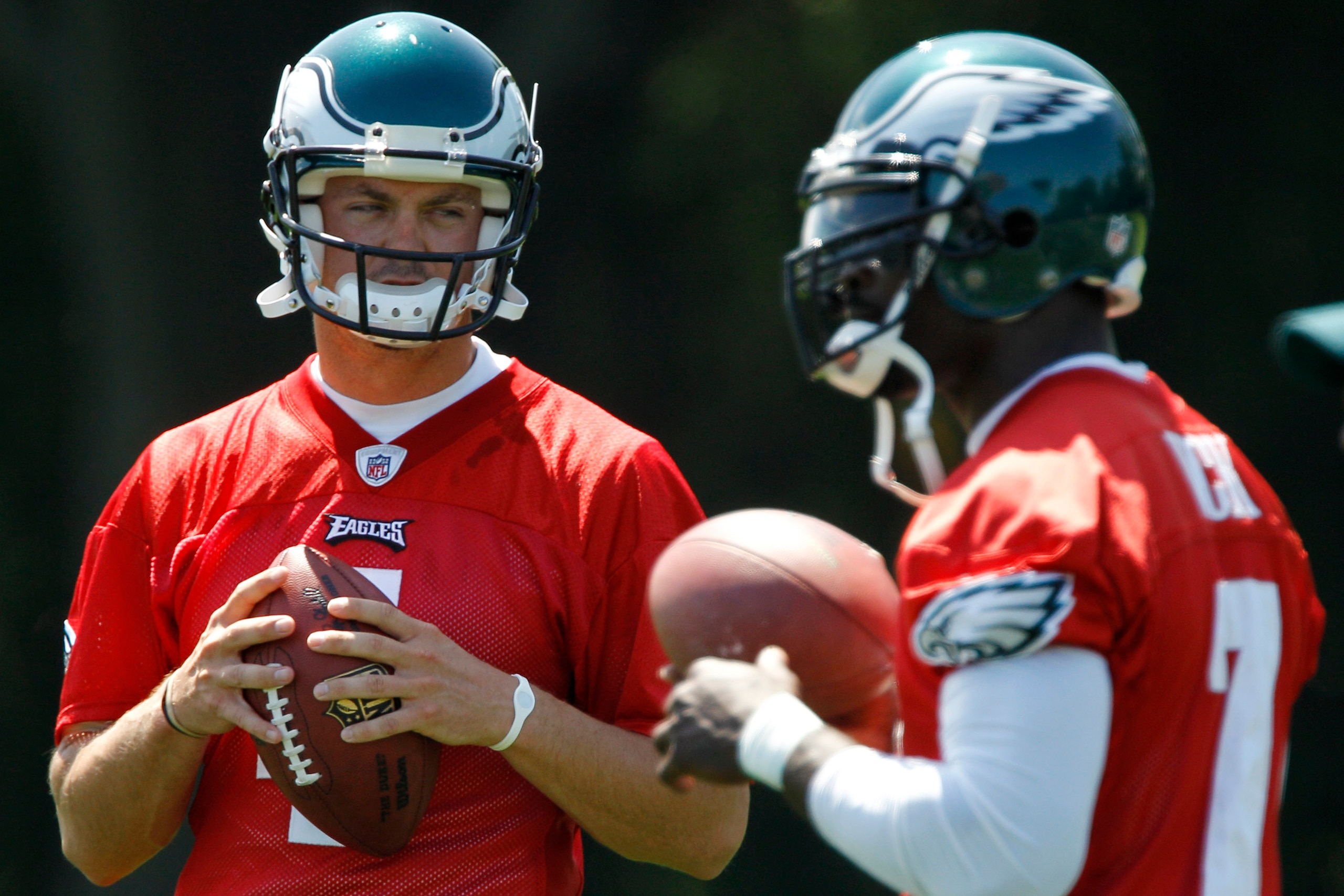 Eagles starting QB Kevin Kolb, with backup Michael Vick, in the 2010 offseason.