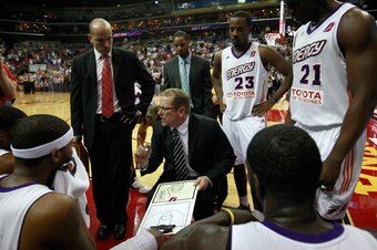 DES MOINES, IA - APRIL 29: Nick Nurse Head Coach of the Iowa Energy calls a play during a time out of Game Three of the NBA Development League Finals against the Rio Grande Valley Vipers at the Wells Fargo Arena on April 29, 2011 in Des Moines, Iowa. NOTE
