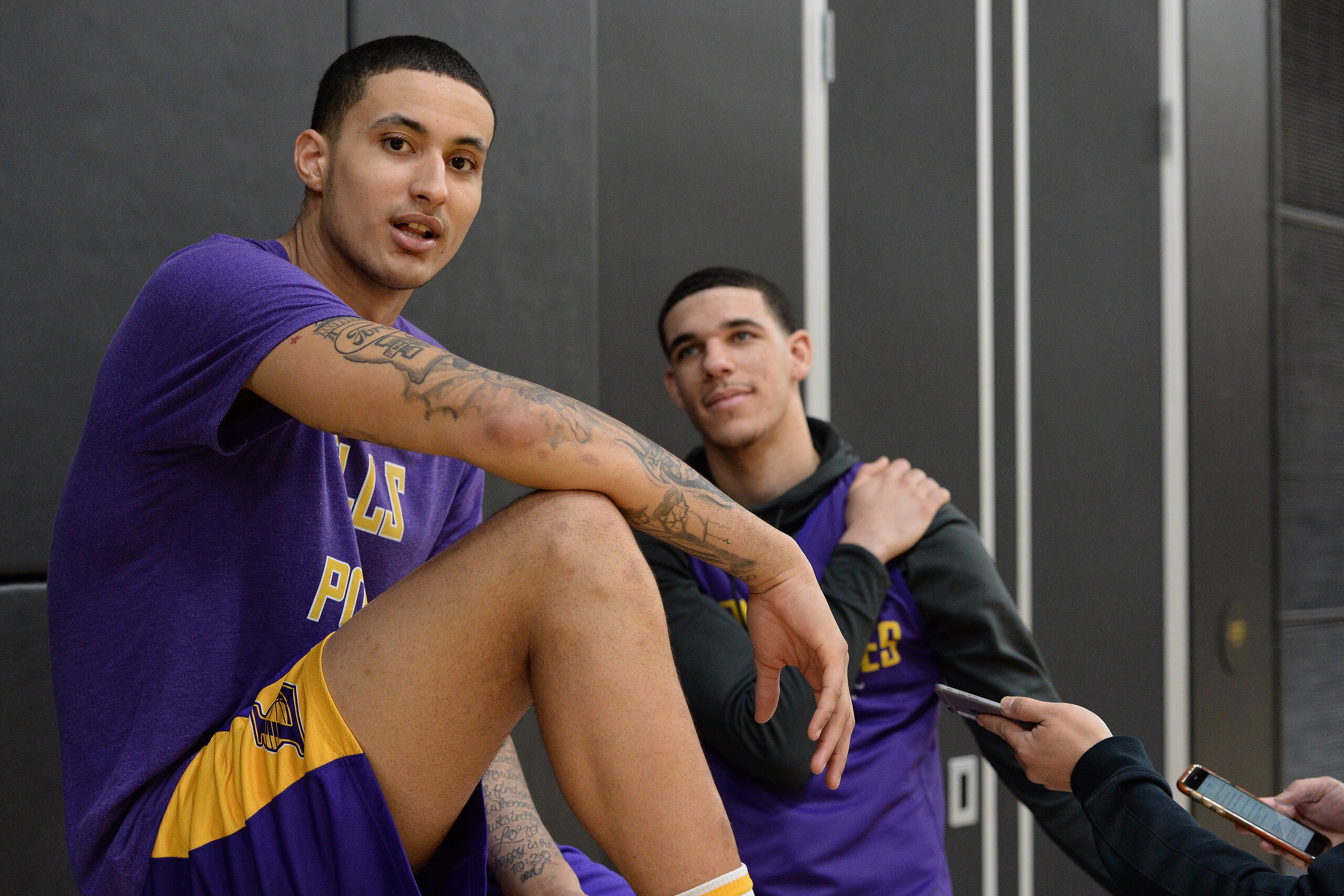 EL SEGUNDO, CA - FEBRUARY 12: Kyle Kuzma #0 and Lonzo Ball #2 of the Los Angeles Lakers talk during an all access practice on February 12, 2018 at UCLA Heath Training Center in El Segundo, California. NOTE TO USER: User expressly acknowledges and agrees t