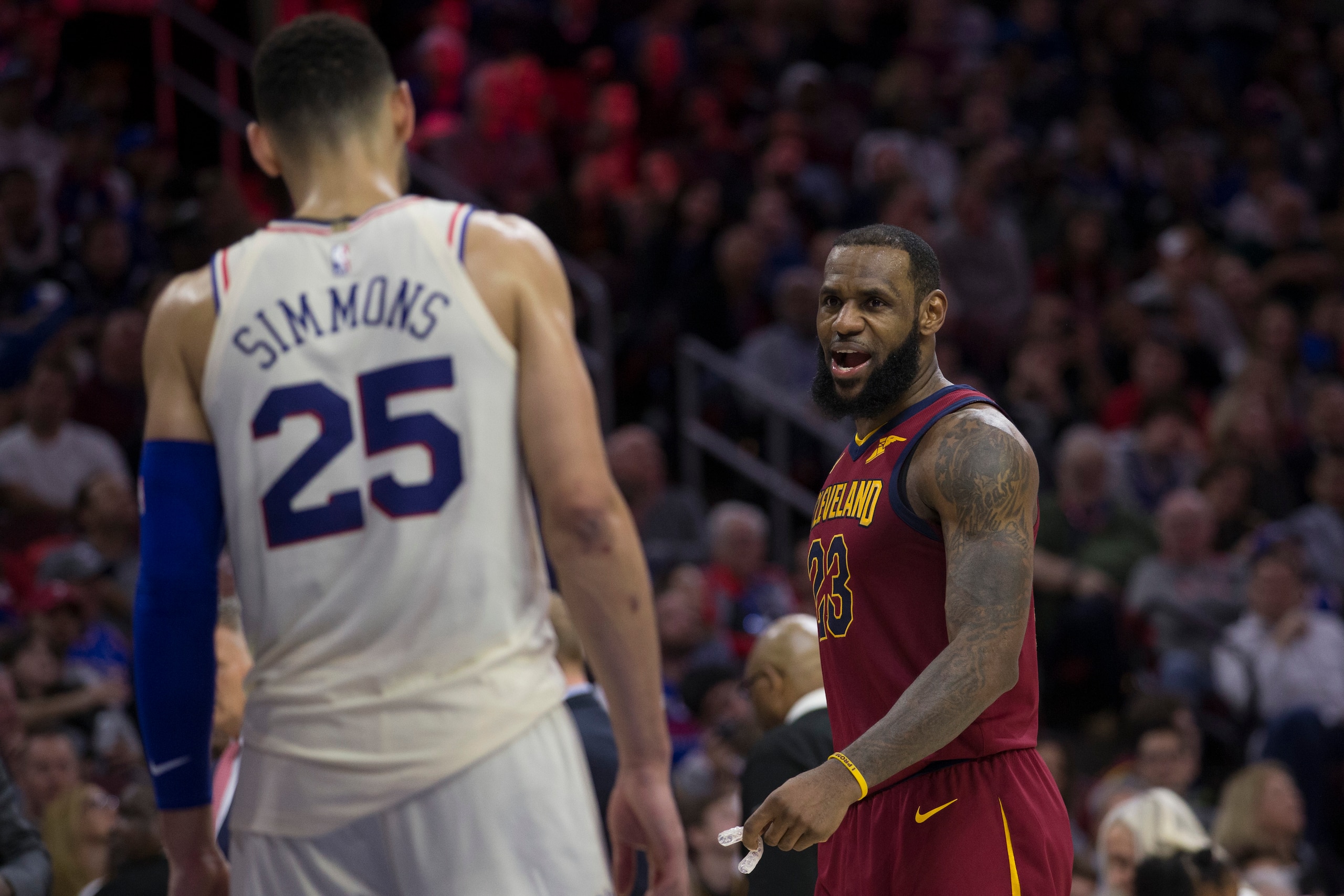PHILADELPHIA, PA - APRIL 6: LeBron James #23 of the Cleveland Cavaliers talks to Ben Simmons #25 of the Philadelphia 76ers during the game at the Wells Fargo Center on April 6, 2018 in Philadelphia, Pennsylvania. NOTE TO USER: User expressly acknowledges PHILADELPHIA, PA - APRIL 6: LeBron James #23 of the Cleveland Cavaliers talks to Ben Simmons #25 of the Philadelphia 76ers during the game at the Wells Fargo Center on April 6, 2018 in Philadelphia, Pennsylvania. NOTE TO USER: User expressly acknowledges