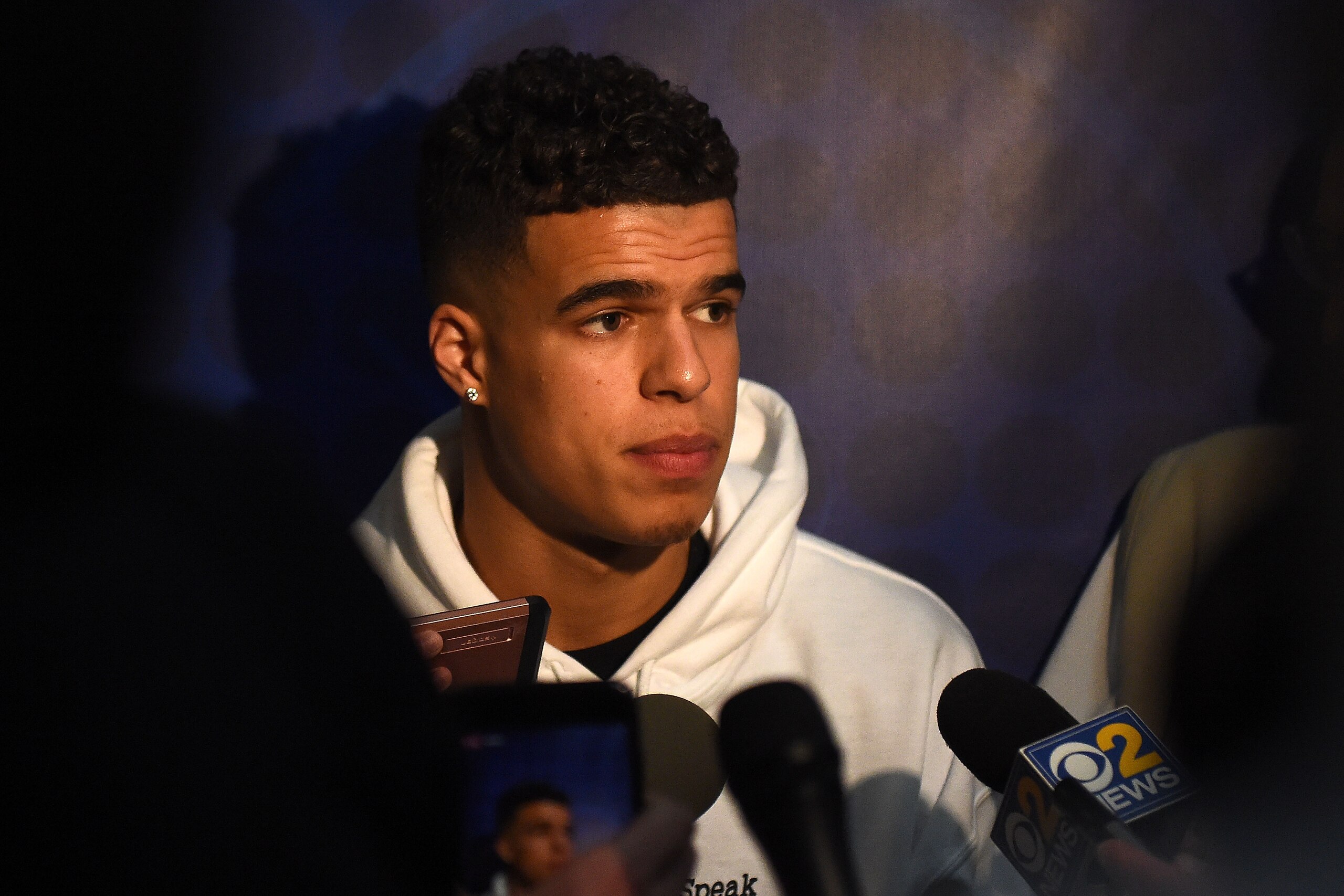 CHICAGO, IL - MAY 17:  Michael Porter speaks with reporters during Day One of the NBA Draft Combine at Quest MultiSport Complex on May 17, 2018 in Chicago, Illinois.  NOTE TO USER: User expressly acknowledges and agrees that, by downloading and or using t