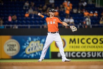 MIAMI, FL - JULY 9: Brendan Rodgers #1 of the Colorado Rockies throws during the SiriusXM All-Star Futures Game at Marlins Park on July 9, 2017 in Miami, Florida. (Photo by Brace Hemmelgarn/Minnesota Twins/Getty Images)