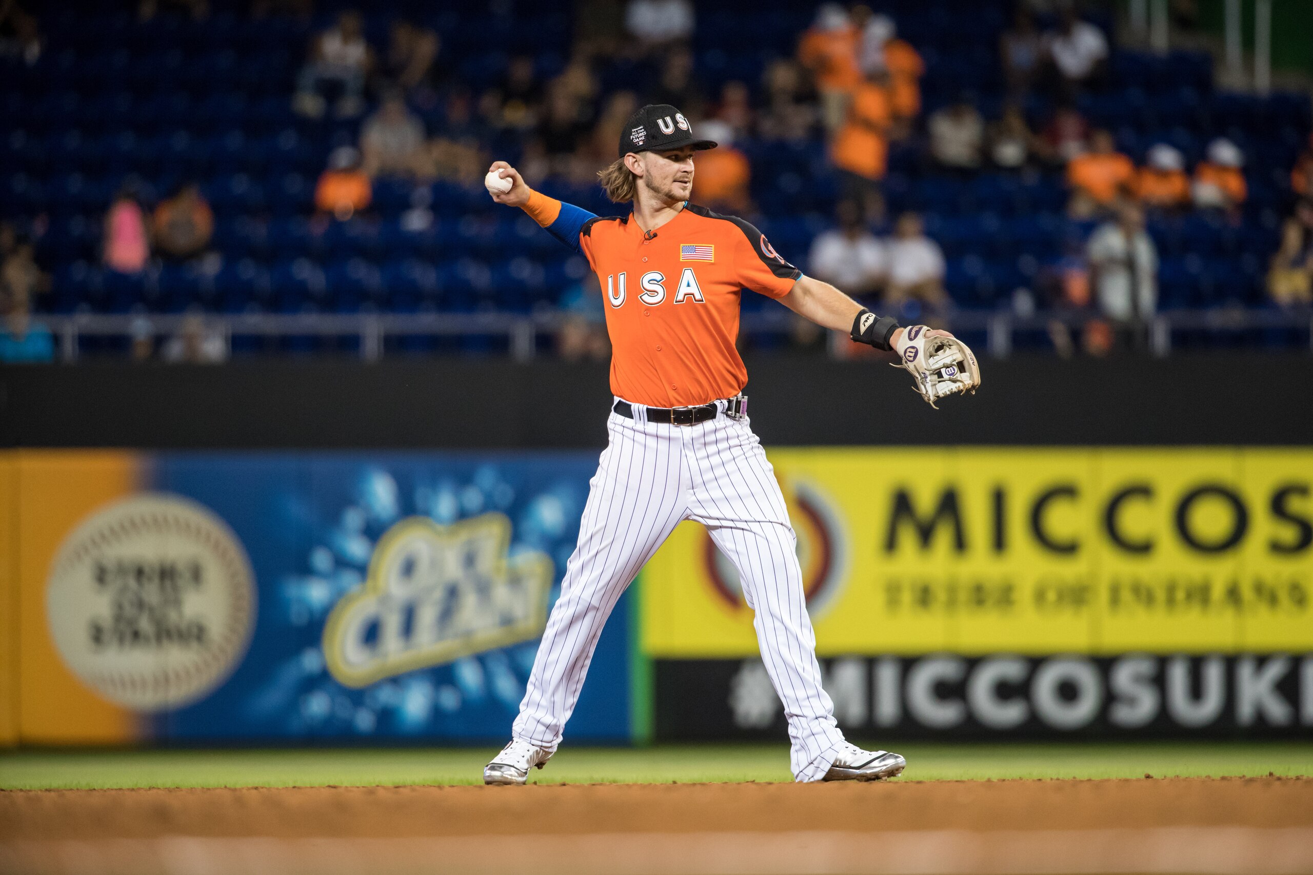 MIAMI, FL - JULY 9: Brendan Rodgers #1 of the Colorado Rockies throws during the SiriusXM All-Star Futures Game at Marlins Park on July 9, 2017 in Miami, Florida. (Photo by Brace Hemmelgarn/Minnesota Twins/Getty Images)