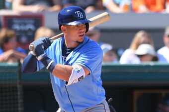 LAKELAND, FL - MARCH 03:  Willy Adames #1 of the Tampa Bay Rays bats during the Spring Training game against the Detroit Tigers at Publix Field at Joker Marchant Stadium on March 3, 2018 in Lakeland, Florida. The Rays defeated the Tigers 7-4.  (Photo by M