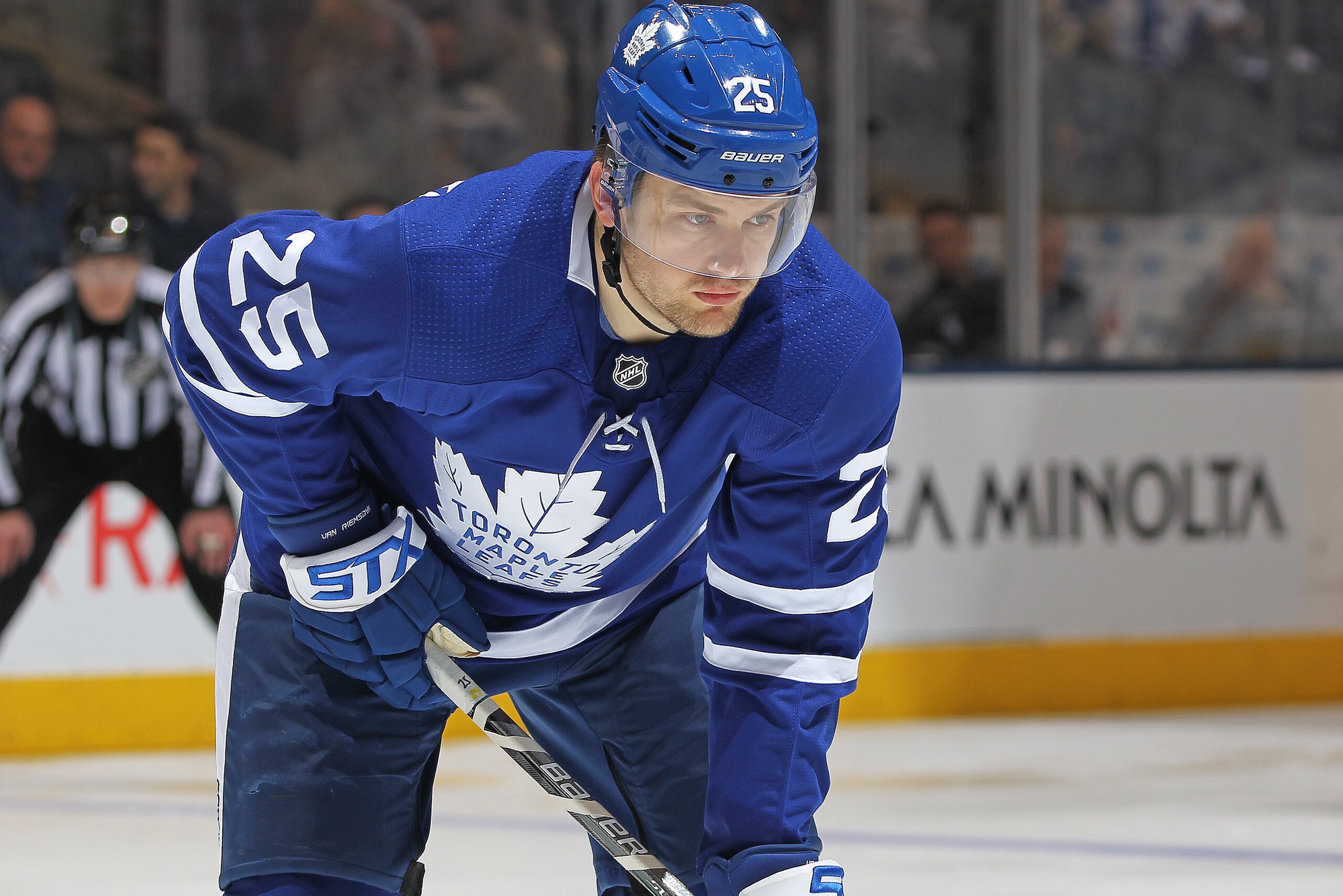 TORONTO, ON - APRIL 16:  James van Riemsdyk #25 of the Toronto Maple Leafs waits for a faceoff against the Boston Bruins in Game Three of the Eastern Conference First Round during the 2018 Stanley Cup Play-offs at the Air Canada Centre on April 16, 2018 i