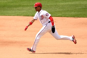 WASHINGTON, DC - JUNE 06:  Juan Soto #22 of the Washington Nationals runs to third base during a baseball game against the Tampa Bay Rays at Nationals Park on June 6, 2018 in Washington, DC.  The Nationals won 11-2.  (Photo by Mitchell Layton/Getty Images