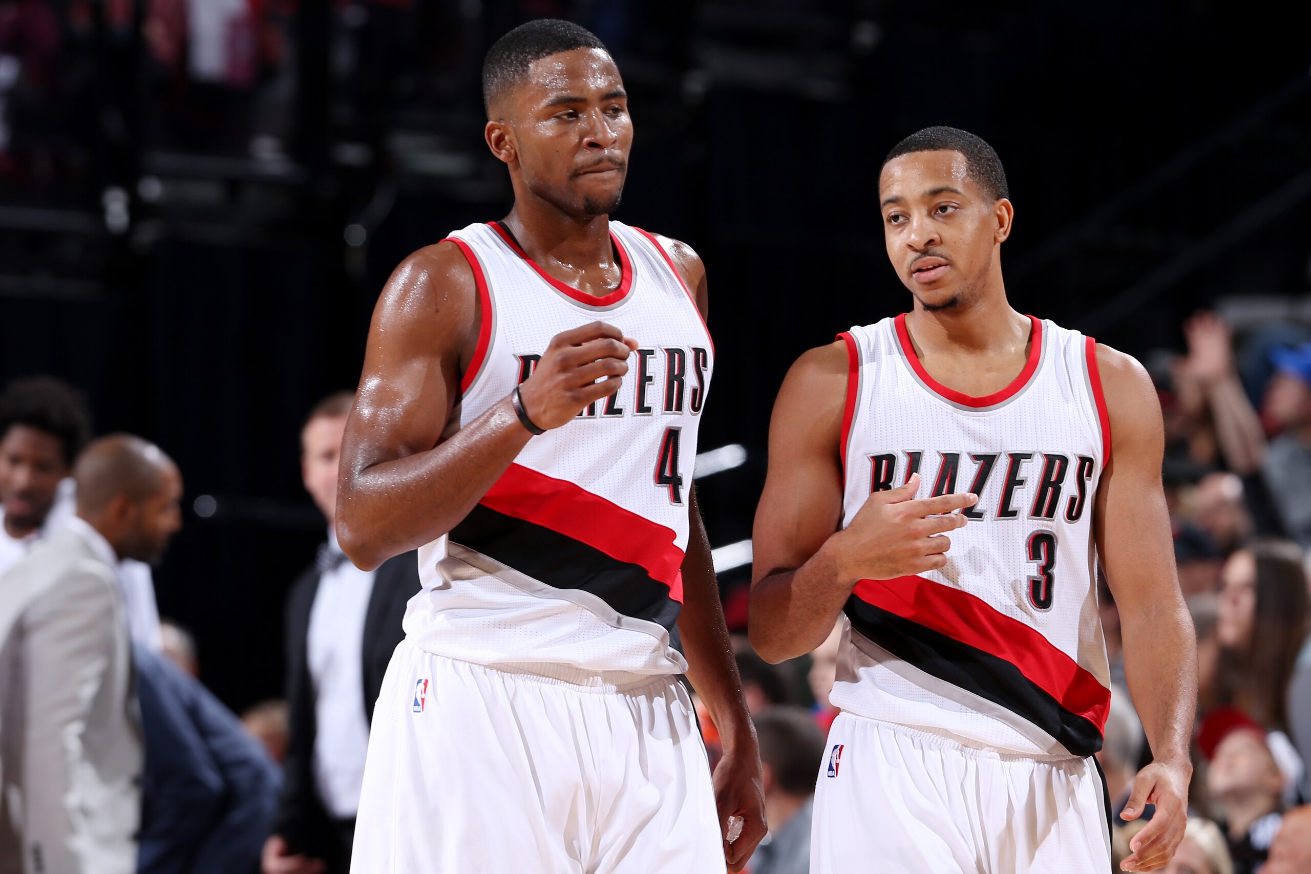 PORTLAND, OR - NOVEMBER 13: C.J. McCollum #3 and Maurice Harkless #4 of the Portland Trail Blazers talk during the game against the Denver Nuggets on November 13, 2016 at the Moda Center in Portland, Oregon. NOTE TO USER: User expressly acknowledges and a