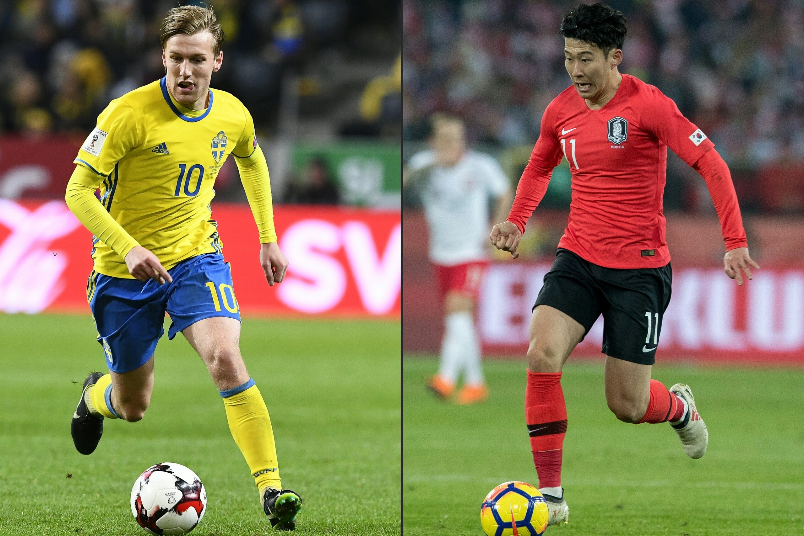 (COMBO) This combination of pictures created on June 16, 2018 shows Sweden's midfielder Emil Forsberg (L) in Solna, Sweden, on October 7, 2017, and South Korea's striker Son Heung-min (R) in Chorzow, Poland on March 27, 2018. - In Group F, Sweden open the
