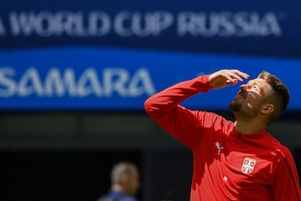 Serbia's midfielder Sergej Milinkovic-Savic takes part in a training session at the Samara Arena in Samara on June 16, 2018 on the eve of the Russia 2018 World Cup Group E football match between Costa Rica and Serbia. (Photo by MANAN VATSYAYANA / AFP)    