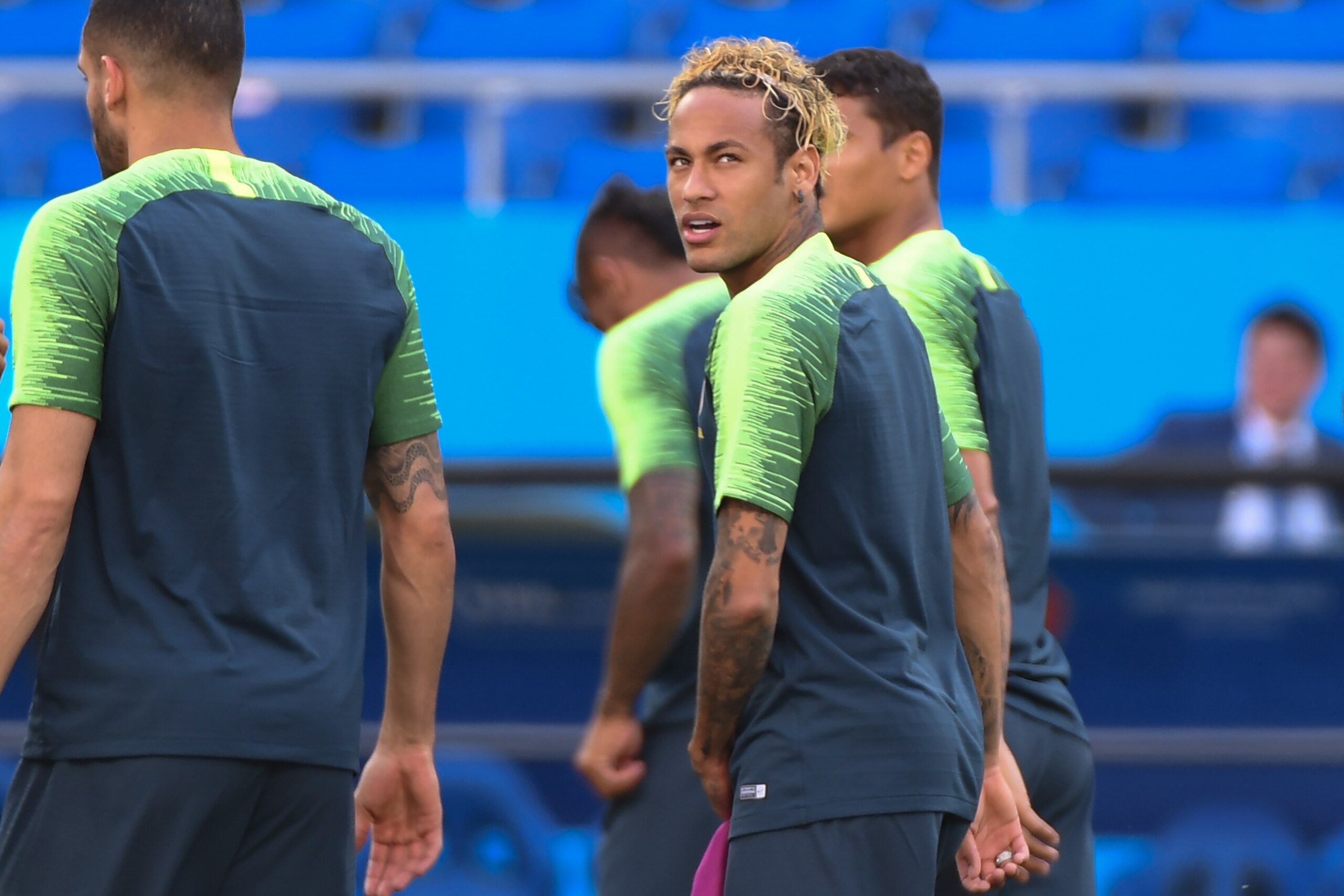 Brazil's forward Neymar and teammates take part in a training session at the Rostov Arena in Rostov-on-Don on June 16, 2018 on the eve of the Russia 2018 World Cup Group E football match between Brazil and Switzerland. (Photo by KHALED DESOUKI / AFP)     