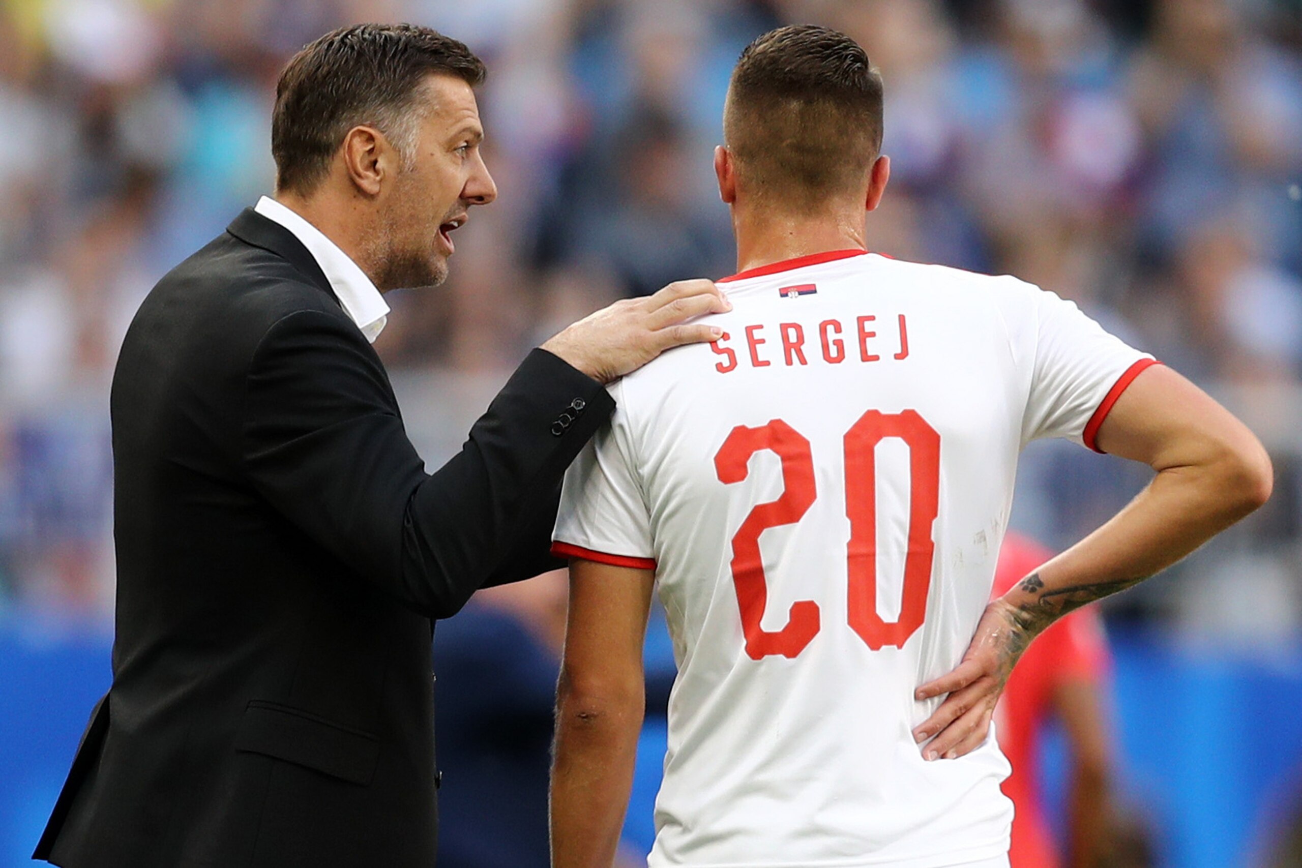 SAMARA, RUSSIA - JUNE 17:  Mladen Krstajic, Head coach of Serbia issues intructions to Sergej Milinkovic-Savic during the 2018 FIFA World Cup Russia group E match between Costa Rica and Serbia at Samara Arena on June 17, 2018 in Samara, Russia.  (Photo by
