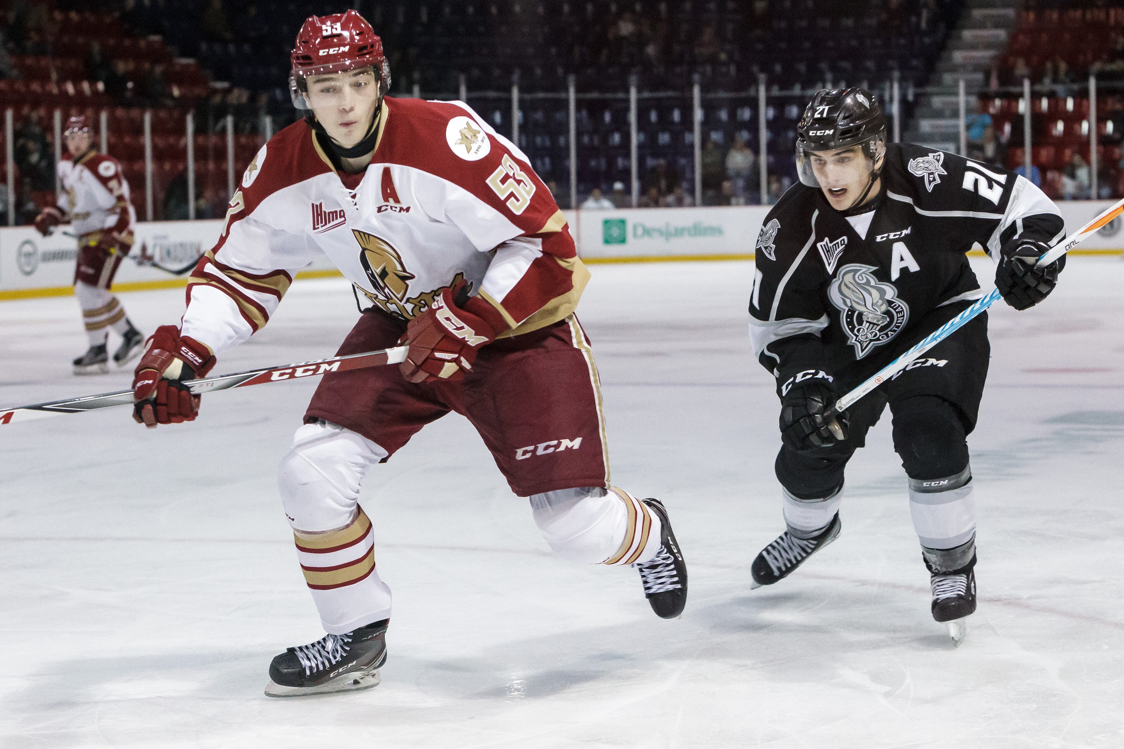 GATINEAU, CANADA - OCTOBER 18:  Noah Dobson #53 of the Acadie-Bathurst Titan skates against the Gatineau Olympiques on October 18, 2017 at Robert Guertin Arena in Gatineau, Quebec, Canada.  (Photo by Francois Laplante/FreestylePhoto/Getty Images)