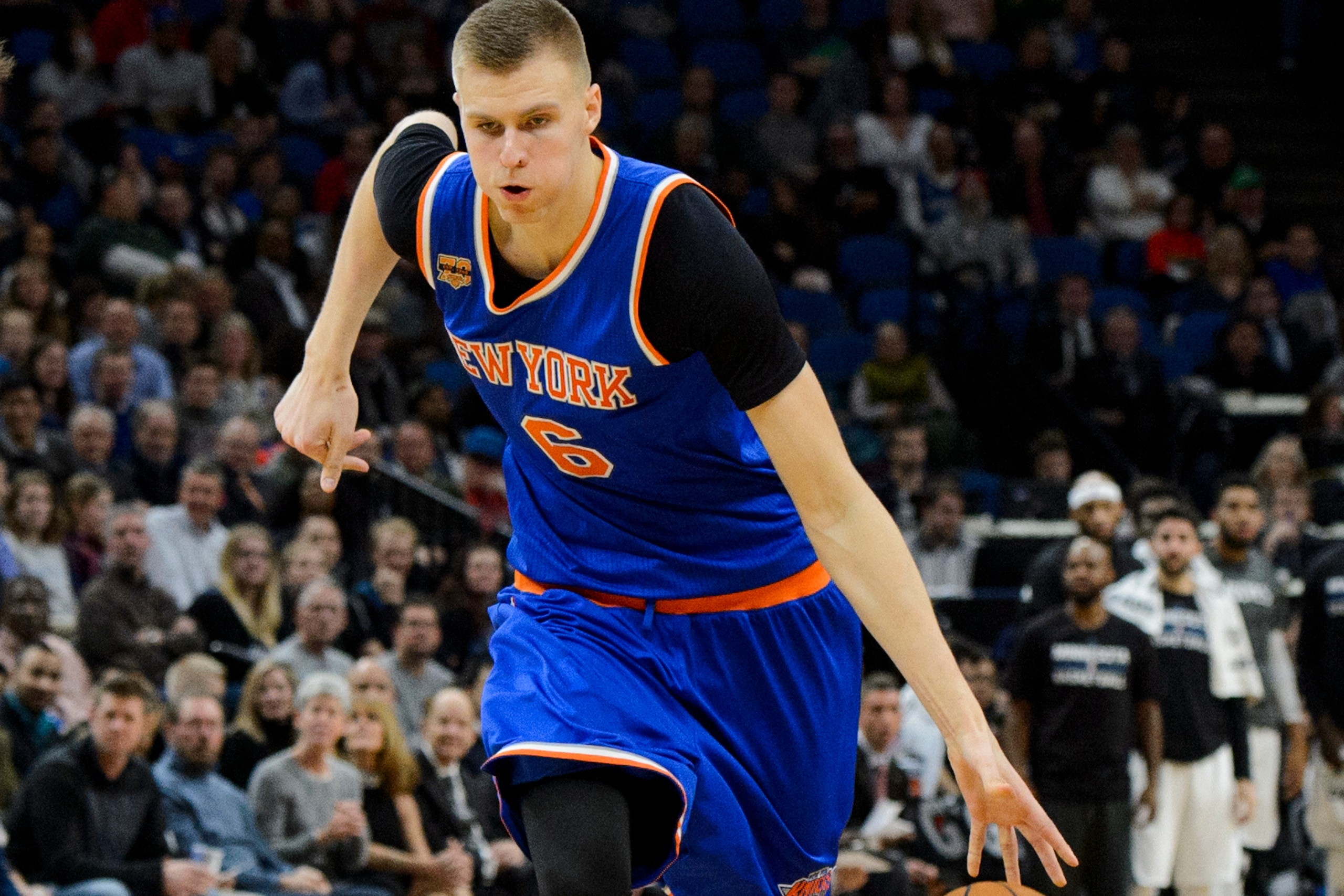 MINNEAPOLIS, MN - NOVEMBER 30: Kristaps Porzingis #6 of the New York Knicks dribbles the ball against the Minnesota Timberwolves during the game on November 30, 2016 at Target Center in Minneapolis, Minnesota. NOTE TO USER: User expressly acknowledges and