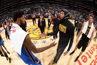 LOS ANGELES, CA - FEBRUARY 8: Paul George #13 of the Oklahoma City Thunder and Brandon Ingram #14 of the Los Angeles Lakers after the game on February 8, 2018 at STAPLES Center in Los Angeles, California. NOTE TO USER: User expressly acknowledges and agre