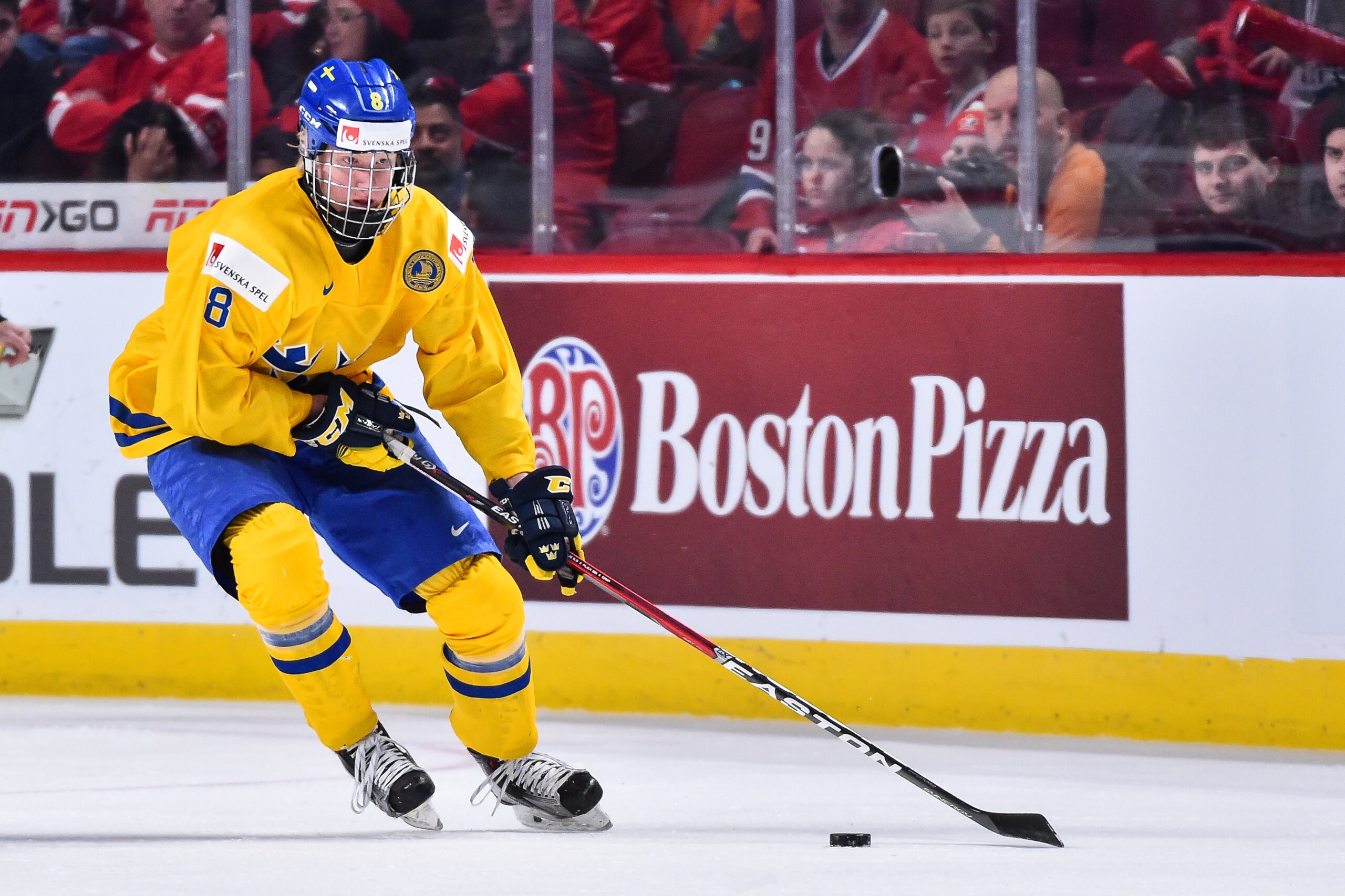 MONTREAL, QC - JANUARY 05: Rasmus Dahlin #8 of Team Sweden skates the puck during the 2017 IIHF World Junior Championship bronze medal game against Team Russia at the Bell Centre on January 5, 2017 in Montreal, Quebec, Canada. Team Russia defeated Team MONTREAL, QC - JANUARY 05: Rasmus Dahlin #8 of Team Sweden skates the puck during the 2017 IIHF World Junior Championship bronze medal game against Team Russia at the Bell Centre on January 5, 2017 in Montreal, Quebec, Canada. Team Russia defeated Team