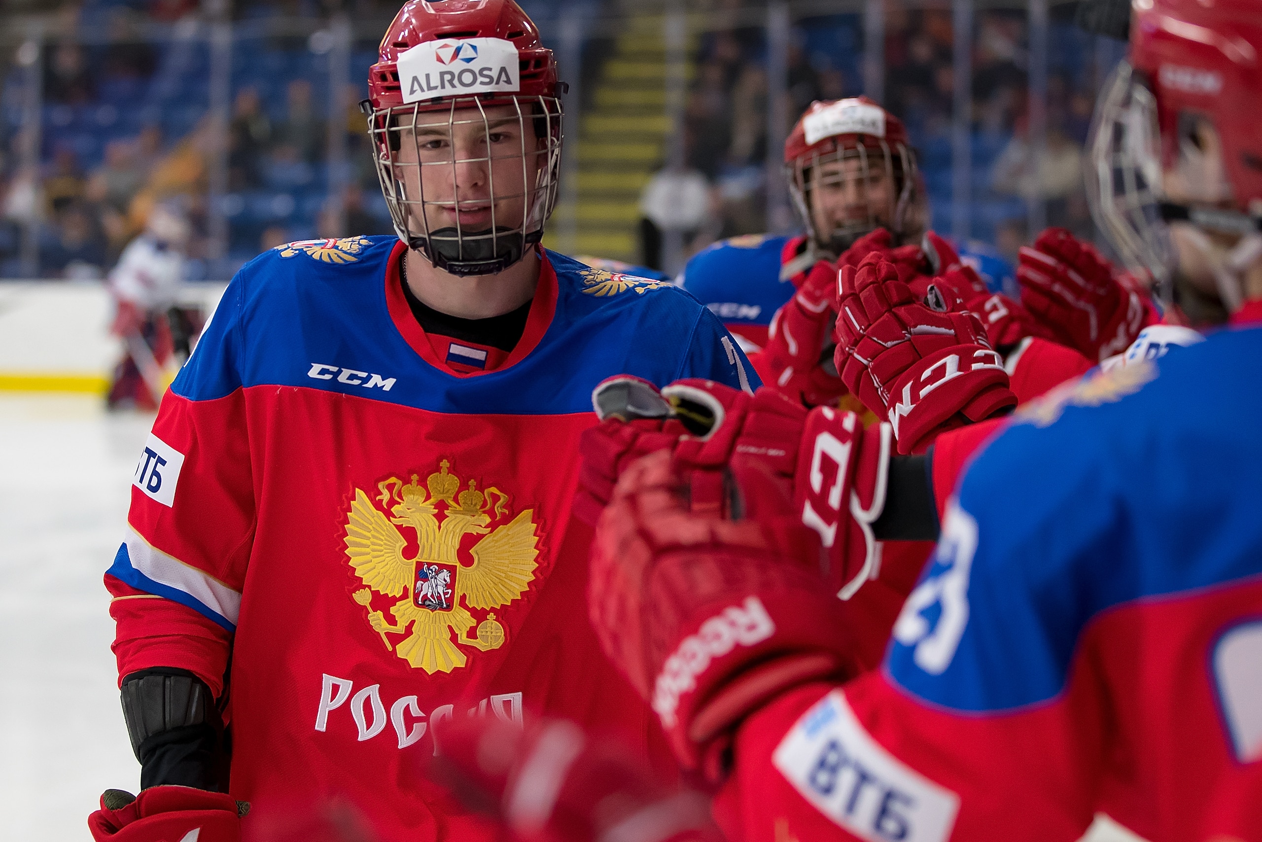 PLYMOUTH, MI - FEBRUARY 16: Andrei Svechnikov #7 of the Russian Nationals celebrates a second period goal with teammates on the bench against the USA Nationals during the 2018 Under-18 Five Nations Tournament game at USA Hockey Arena on February 16, 2018 PLYMOUTH, MI - FEBRUARY 16: Andrei Svechnikov #7 of the Russian Nationals celebrates a second period goal with teammates on the bench against the USA Nationals during the 2018 Under-18 Five Nations Tournament game at USA Hockey Arena on February 16, 2018
