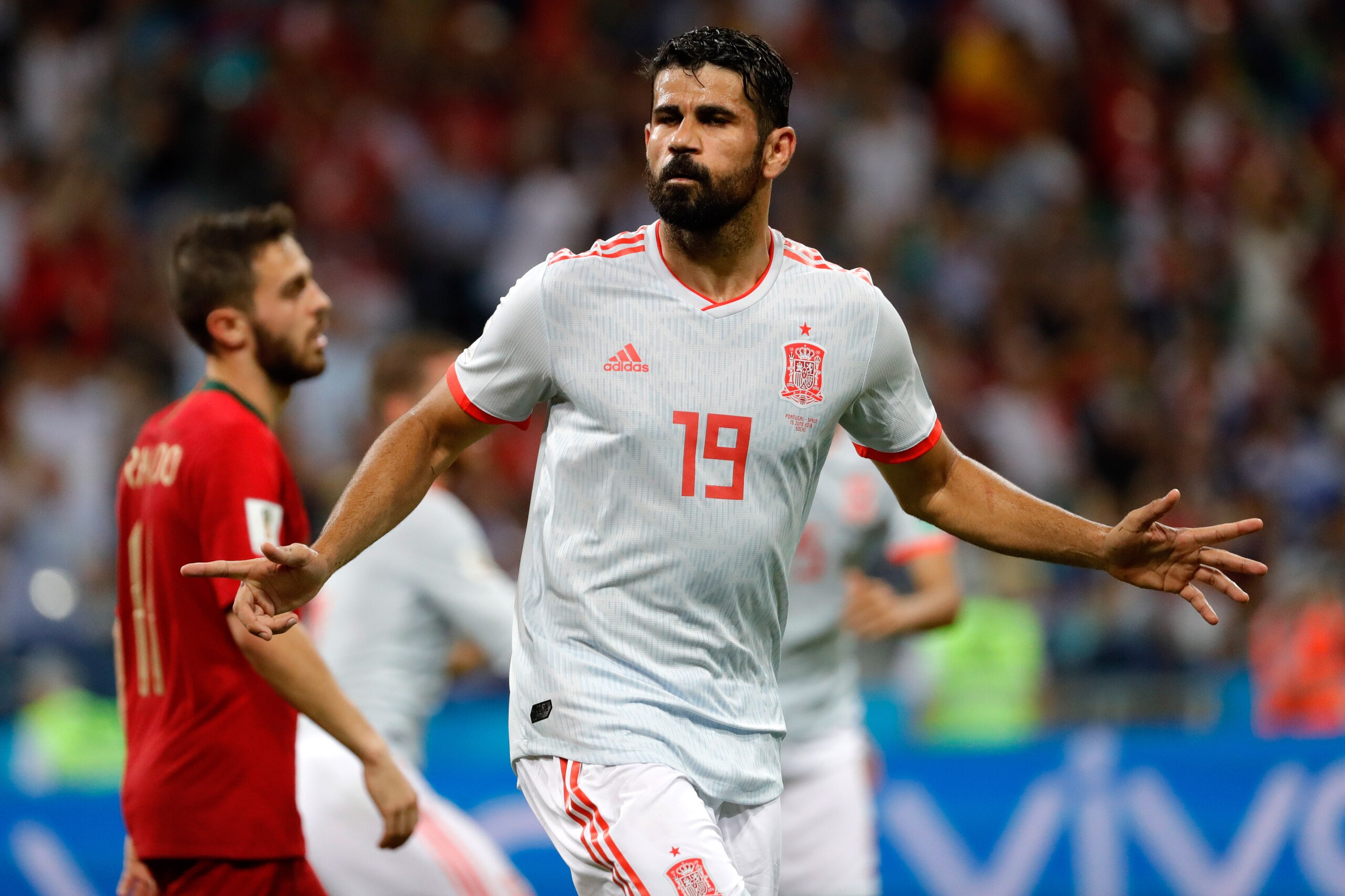 SOCHI, RUSSIA - JUNE 15: Diego Costa of Spain celebrates after scoring his team`s second goal during the 2018 FIFA World Cup Russia group B match between Portugal and Spain at Fisht Stadium on June 15, 2018 in Sochi, Russia. (Photo by TF-Images/Getty Imag