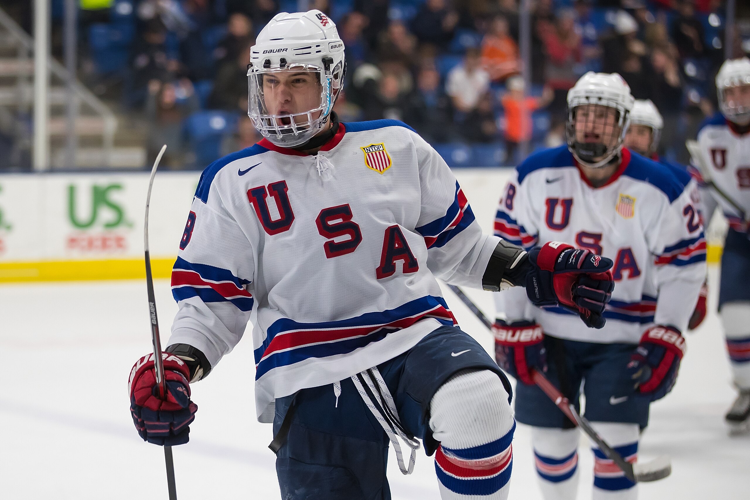 PLYMOUTH, MI - FEBRUARY 16: Oliver Wahlstrom #18 of the USA Nationals celebrates a third period against the Russian Nationals during the 2018 Under-18 Five Nations Tournament game at USA Hockey Arena on February 16, 2018 in Plymouth, Michigan. The USA def PLYMOUTH, MI - FEBRUARY 16: Oliver Wahlstrom #18 of the USA Nationals celebrates a third period against the Russian Nationals during the 2018 Under-18 Five Nations Tournament game at USA Hockey Arena on February 16, 2018 in Plymouth, Michigan. The USA def