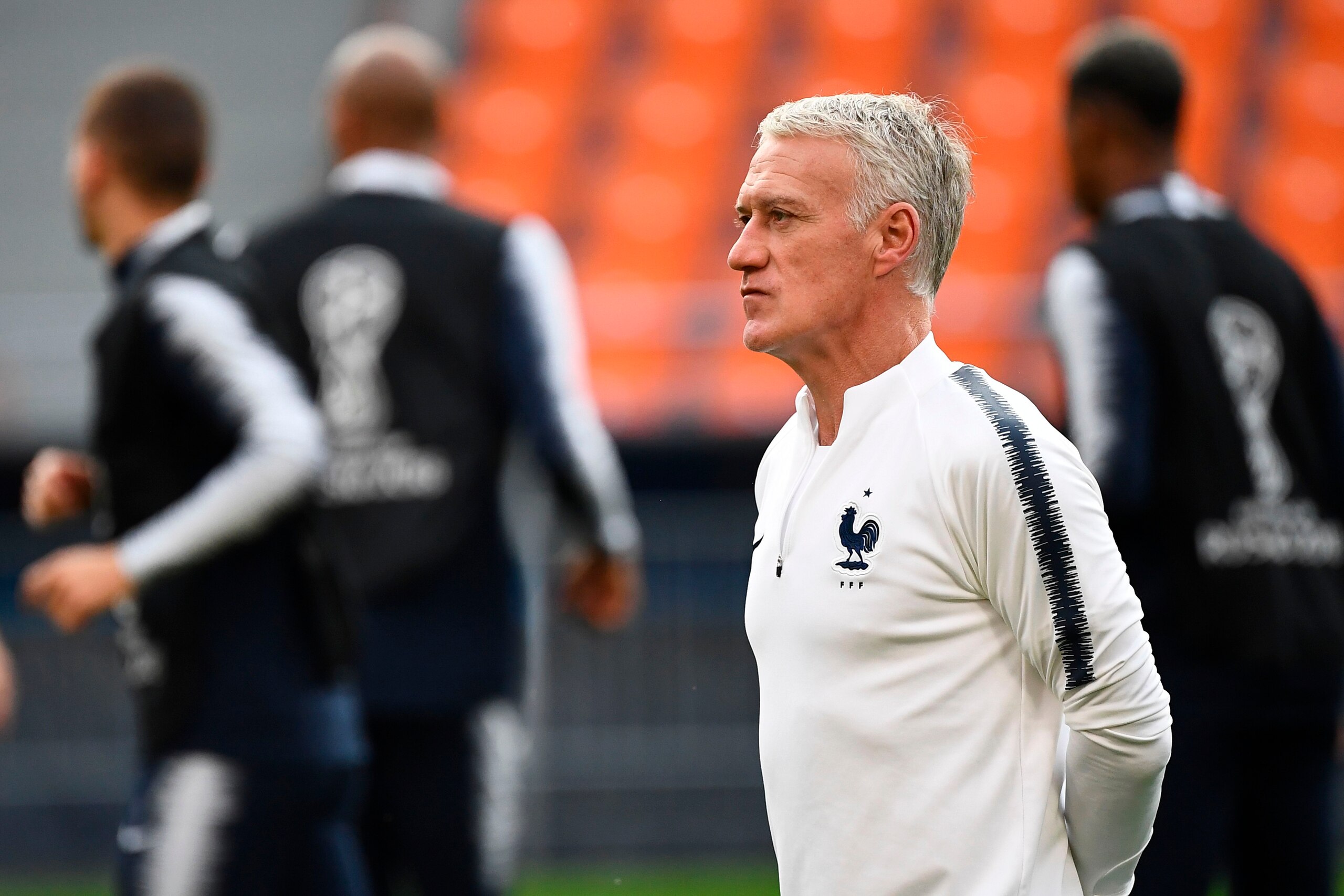 France's coach Didier Deschamps (C) takes a training session at the Ekaterinburg Arena in Ekaterinburg on June 20, 2018 on the eve of the Russia 2018 World Cup Group C football match between France and Peru. (Photo by FRANCK FIFE / AFP) (Photo cred France's coach Didier Deschamps (C) takes a training session at the Ekaterinburg Arena in Ekaterinburg on June 20, 2018 on the eve of the Russia 2018 World Cup Group C football match between France and Peru. (Photo by FRANCK FIFE / AFP) (Photo cred