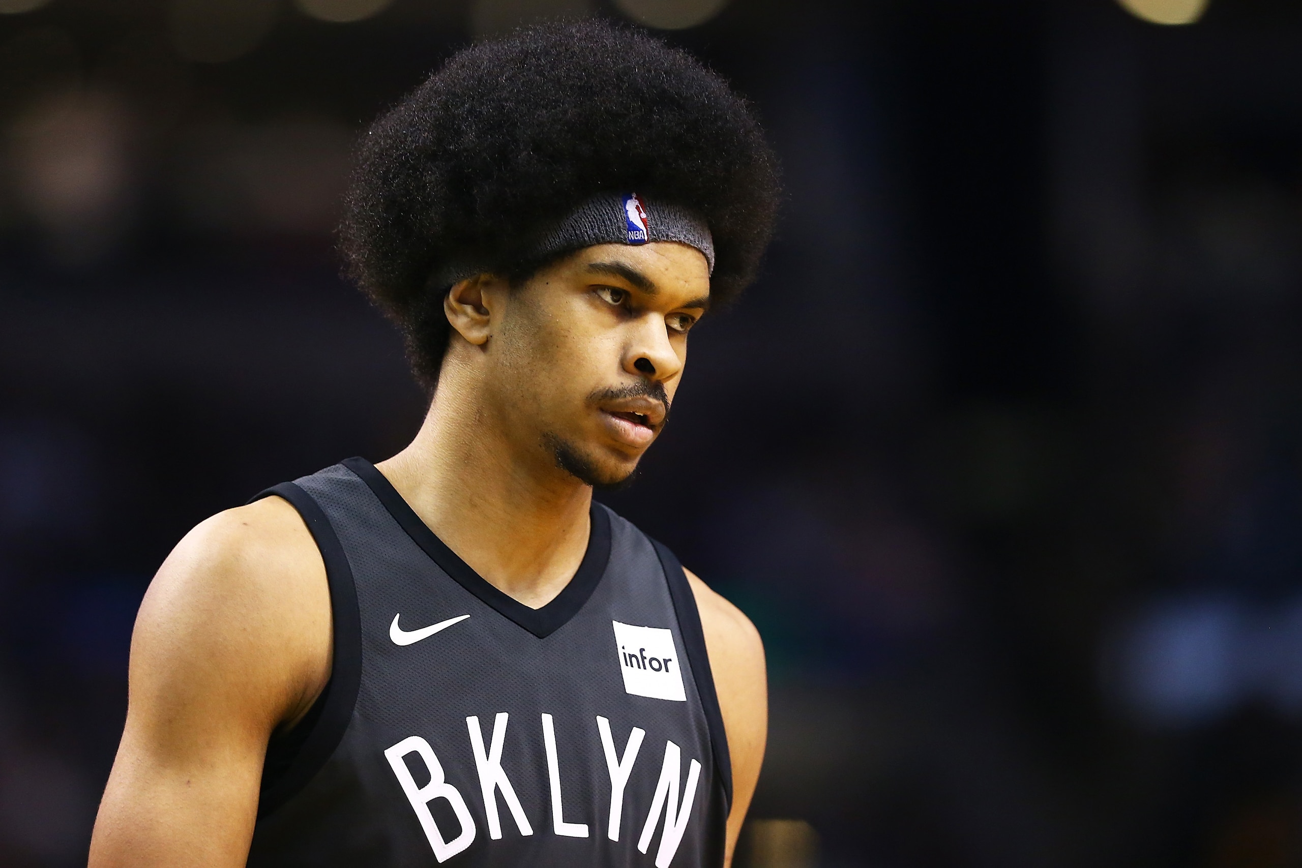 BOSTON, MA - APRIL 11:  Jarrett Allen #31 of the Brooklyn Nets looks on during a game against the Boston Celtics at TD Garden on April 11, 2018 in Boston, Massachusetts. NOTE TO USER: User expressly acknowledges and agrees that, by downloading and or usin