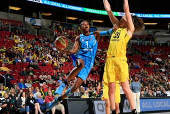 SEATTLE, WA - MAY 25: Diamond DeShields #1 of the Chicago Sky shoots the ball against the Seattle Storm on May 25, 2018 at Key Arena in Seattle, Washington. NOTE TO USER: User expressly acknowledges and agrees that, by downloading and/or using this Photog