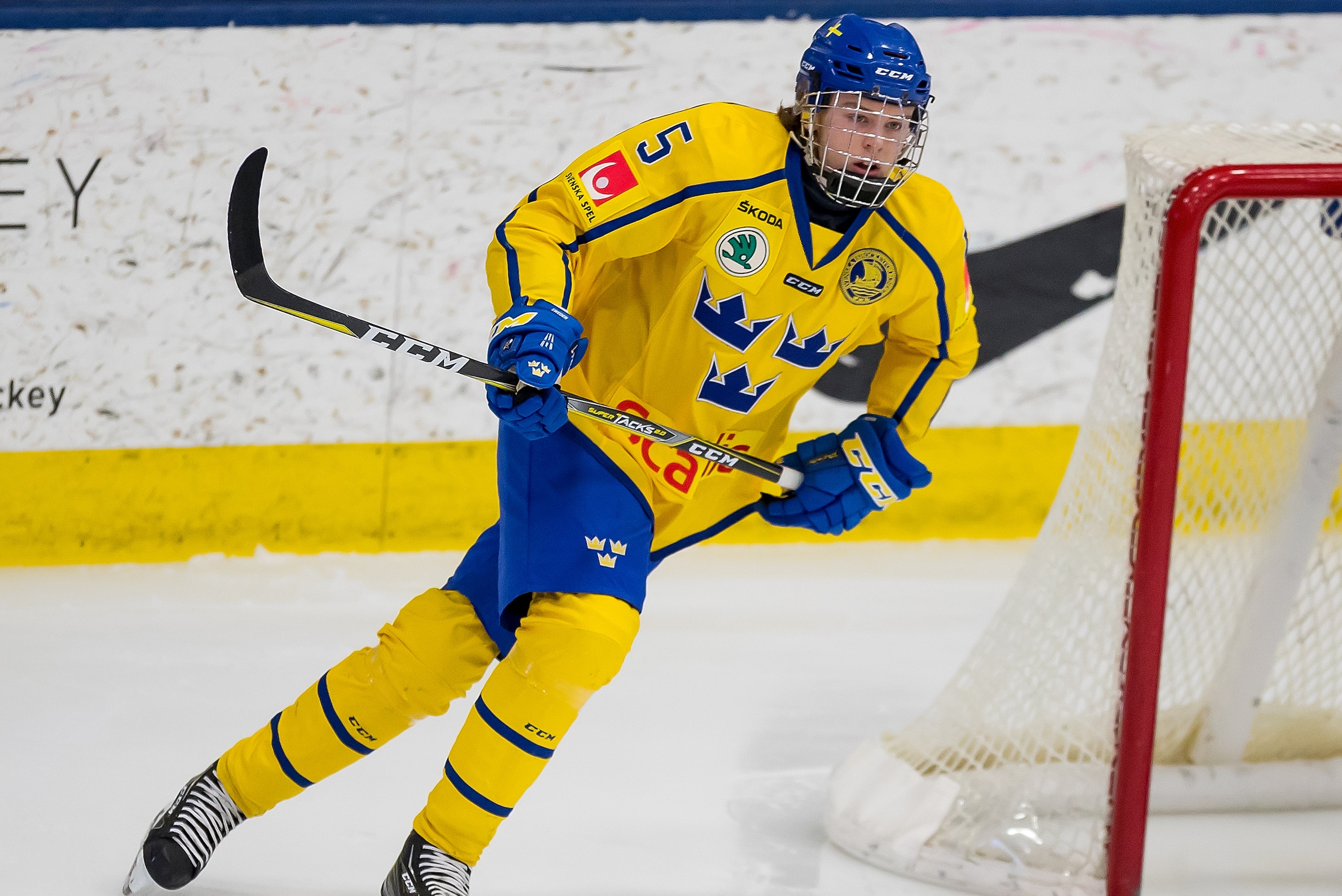 PLYMOUTH, MI - FEBRUARY 15: Adam Boqvist #3 of the Sweden Nationals turns up ice against the Finland Nationals during the 2018 Under-18 Five Nations Tournament game at USA Hockey Arena on February 15, 2018 in Plymouth, Michigan. Finland defeated Sweden 5-