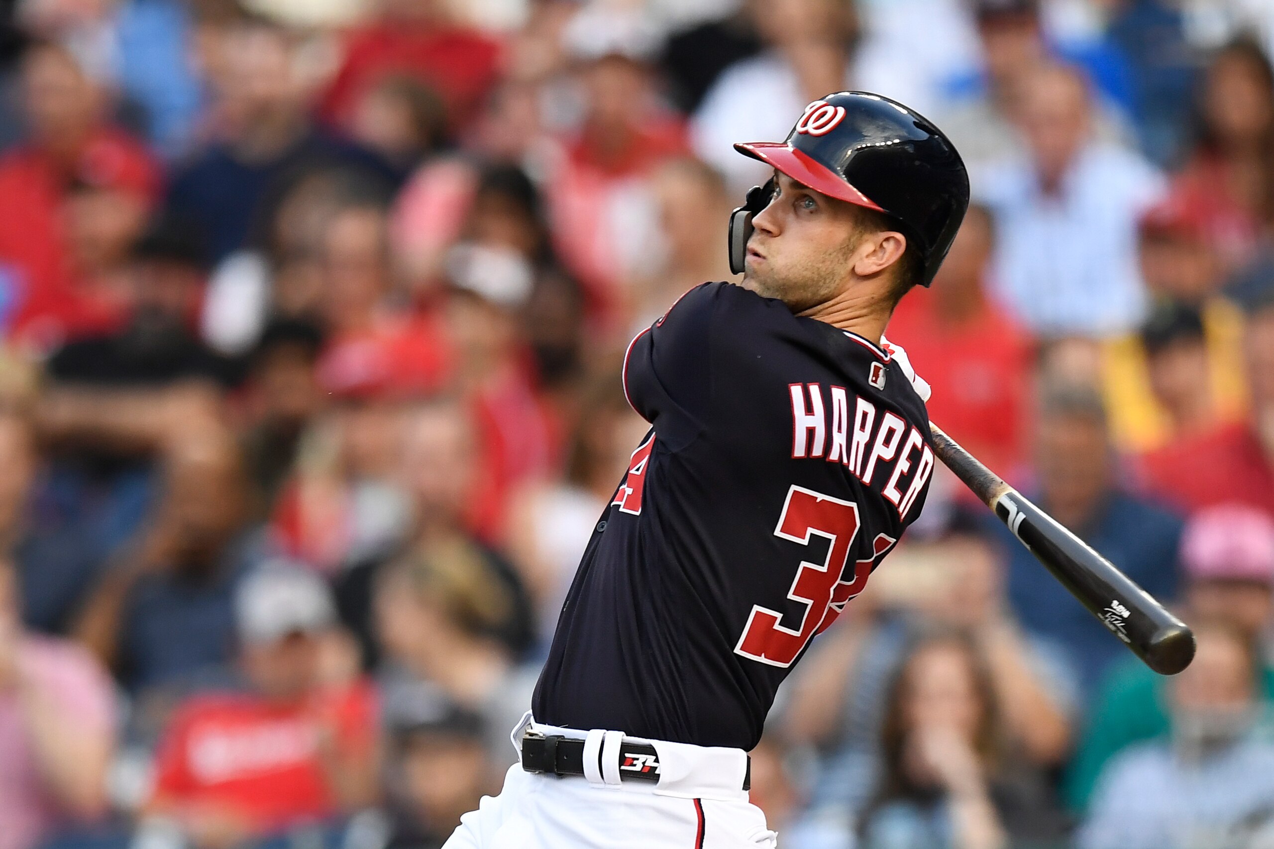 WASHINGTON, DC - JUNE 19: Bryce Harper #34 of the Washington Nationals bats against the Baltimore Orioles in the second inning at Nationals Park on June 19, 2018 in Washington, DC. (Photo by Patrick McDermott/Getty Images)