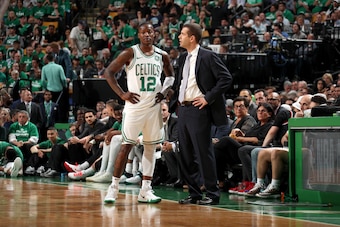 BOSTON, MA - MAY 23: Terry Rozier #12 speaks to Head Coach Brad Stevens of the Boston Celtics in Game Five of the Eastern Conference Finals against the Cleveland Cavaliers during the 2018 NBA Playoffs on May 23, 2018 at the TD Garden in Boston, Massachuse