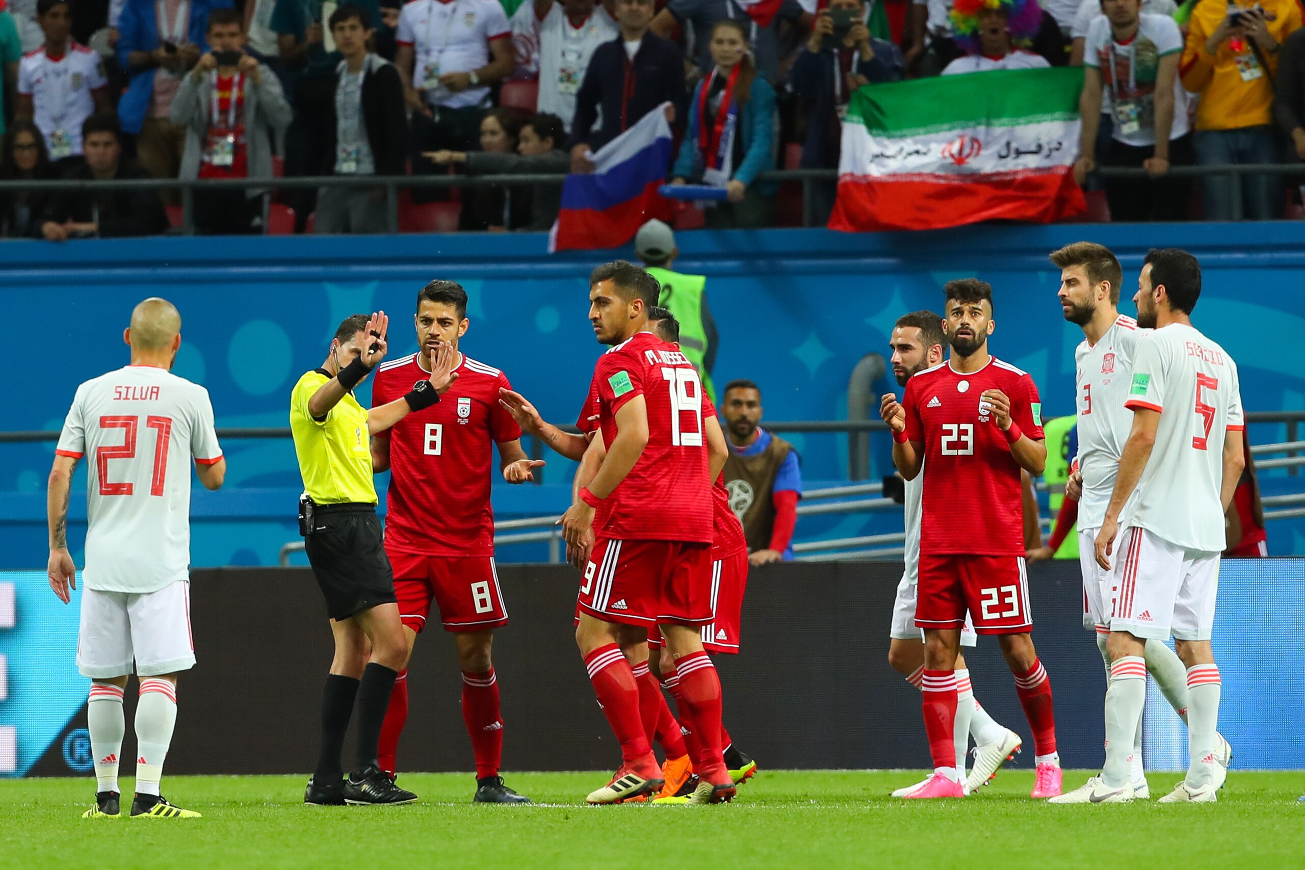 KAZAN, RUSSIA - JUNE 20:    Referee Andres Cunha gestures after a VAR decision on a disallowed Iran goal during the 2018 FIFA World Cup Russia group B match between Iran and Spain at Kazan Arena on June 20, 2018 in Kazan, Russia. (Photo by Robbie Jay Barr