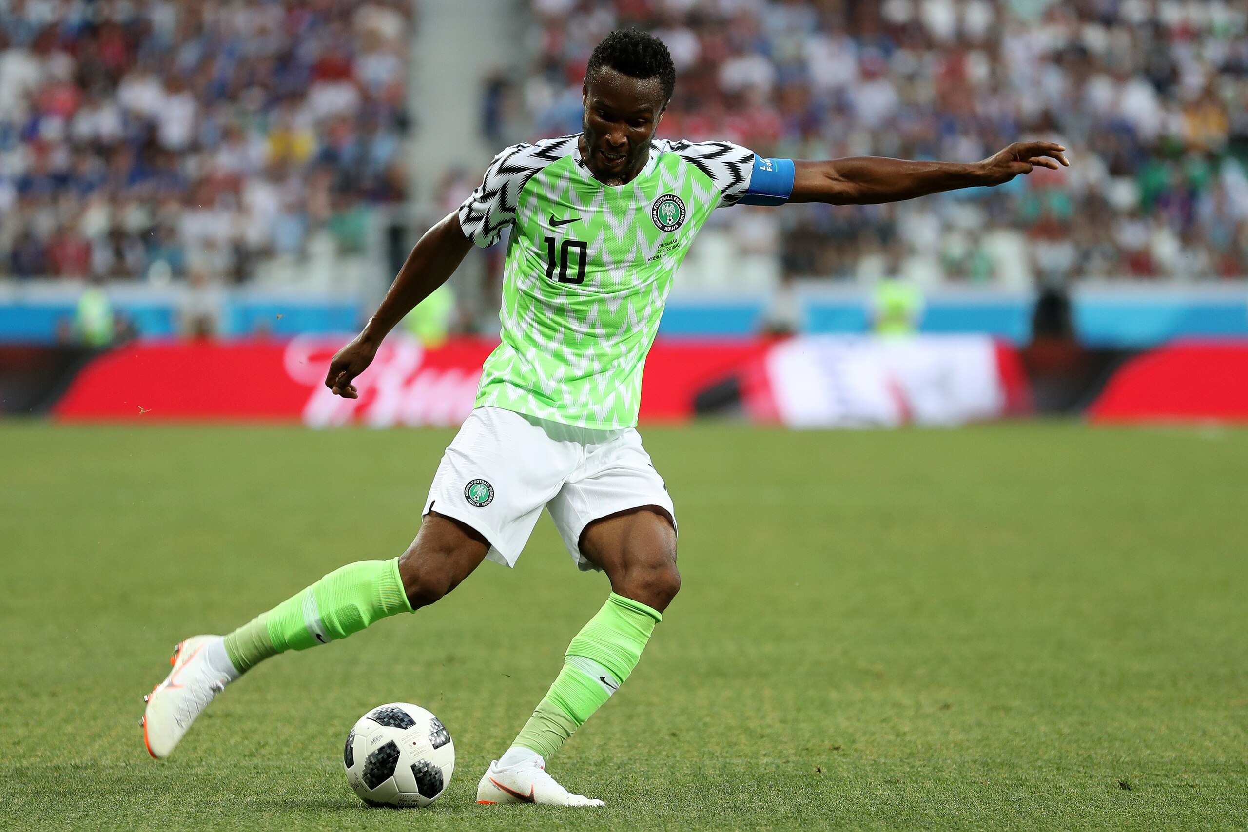VOLGOGRAD, RUSSIA - JUNE 22:  John Obi Mikel in action during the 2018 FIFA World Cup Russia group D match between Nigeria and Iceland at Volgograd Arena on June 22, 2018 in Volgograd, Russia.  (Photo by Catherine Ivill/Getty Images)