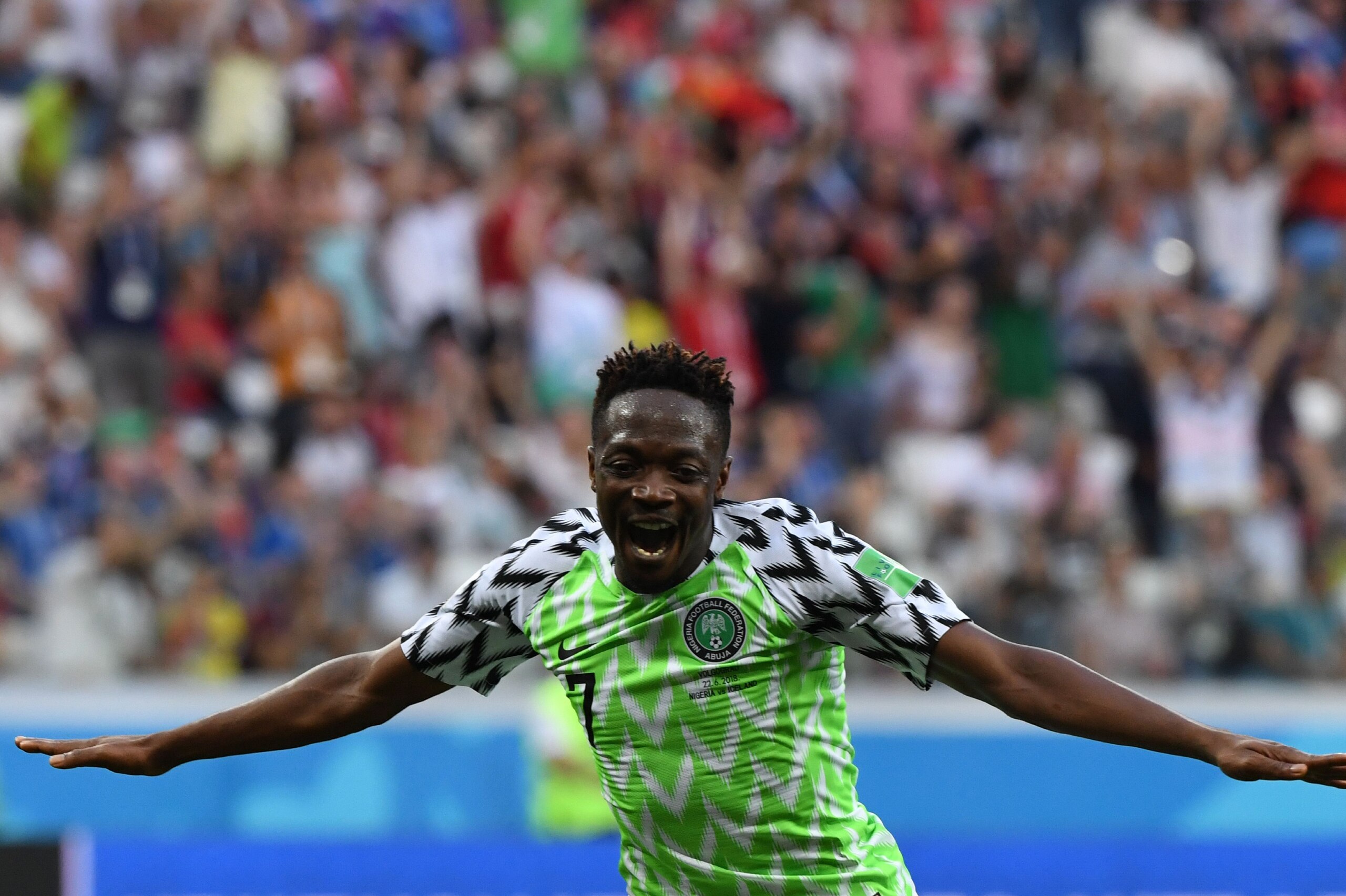 Nigeria's forward Ahmed Musa celebrates after scoring their second goal during the Russia 2018 World Cup Group D football match between Nigeria and Iceland at the Volgograd Arena in Volgograd on June 22, 2018. (Photo by Mark RALSTON / AFP) / RESTRICTED TO