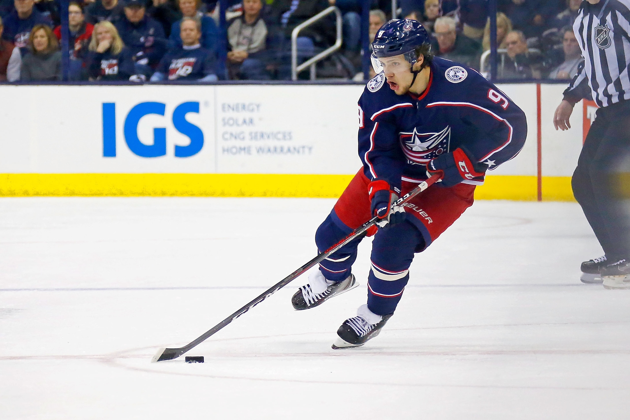 COLUMBUS, OH - APRIL 17:  Artemi Panarin #9 of the Columbus Blue Jackets controls the puck in Game Three of the Eastern Conference First Round during the 2018 NHL Stanley Cup Playoffs against the Washington Capitals on April 17, 2018 at Nationwide Arena i
