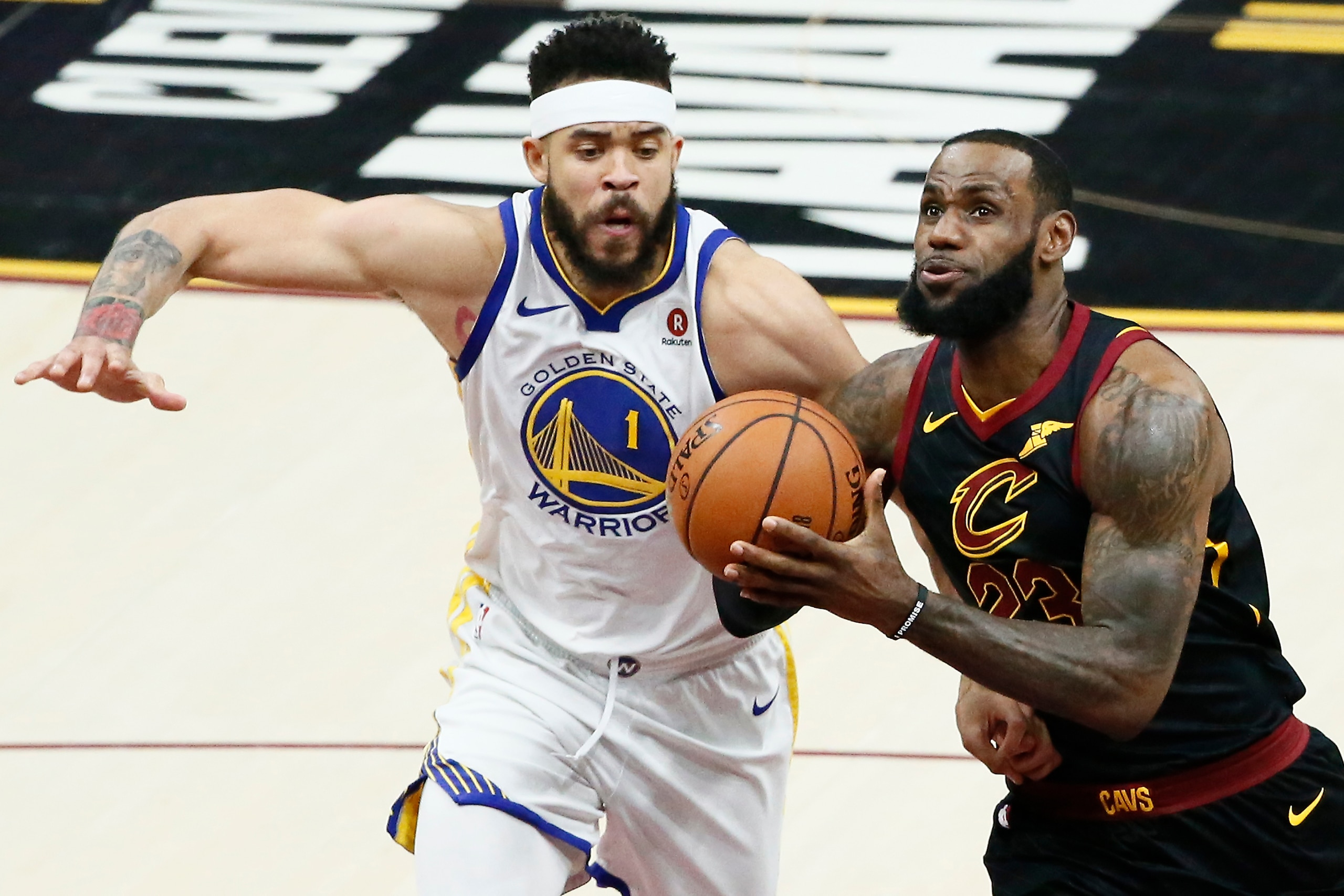 CLEVELAND, CA - JUN 8:  LeBron James #23 of the Cleveland Cavaliers handles the ball against JaVale McGee #1 of the Golden State Warriors in Game Four of the 2018 NBA Finals won 108-85 by the Golden State Warriors over the Cleveland Cavaliers at the Quick