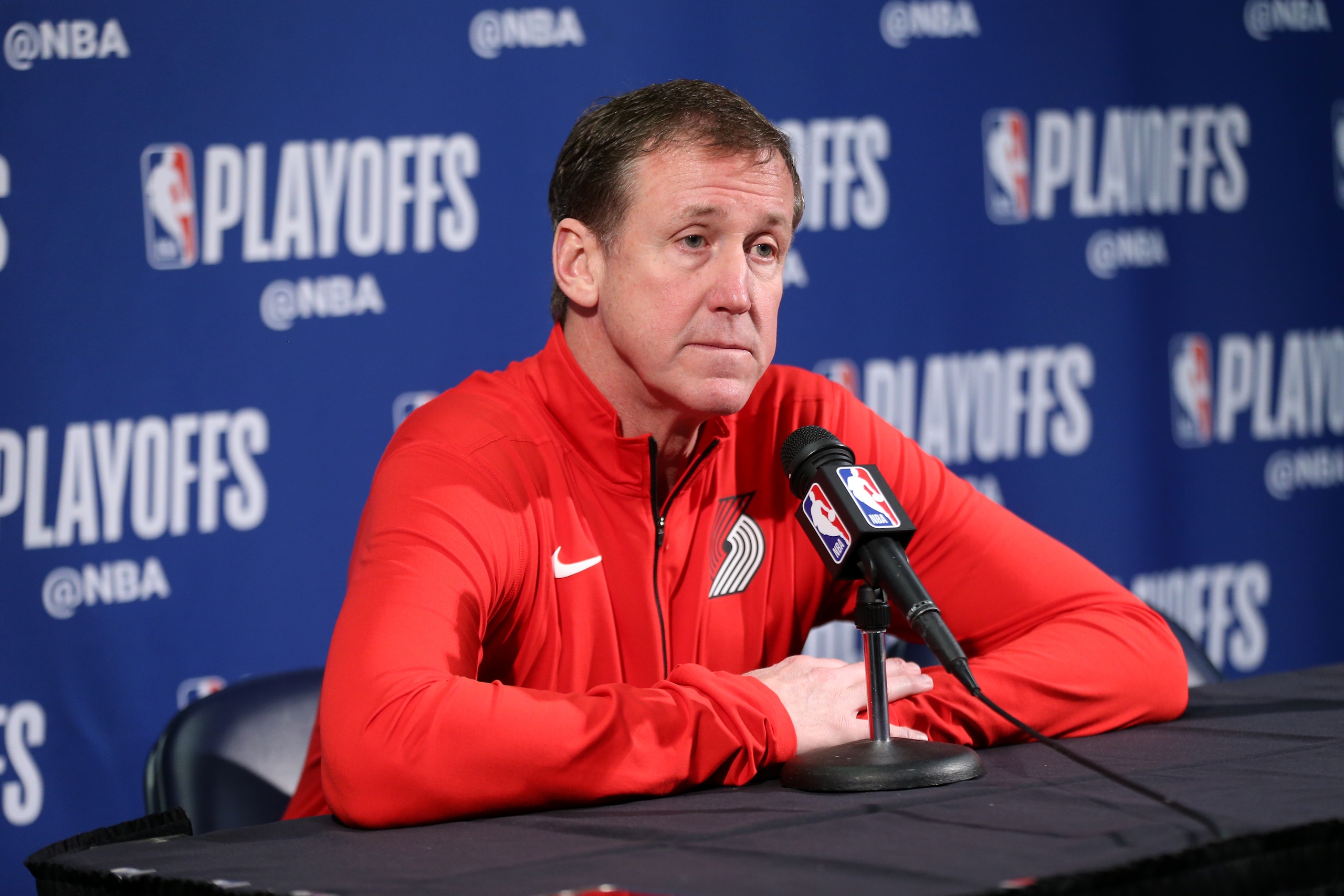 NEW ORLEANS, LA - APRIL 19:  Head Coach Terry Stotts of the Portland Trail Blazers speaks with the media before the game against the New Orleans Pelicans in Game Three of Round One of the 2018 NBA Playoffs on April 19, 2018 at Smoothie King Center in New 
