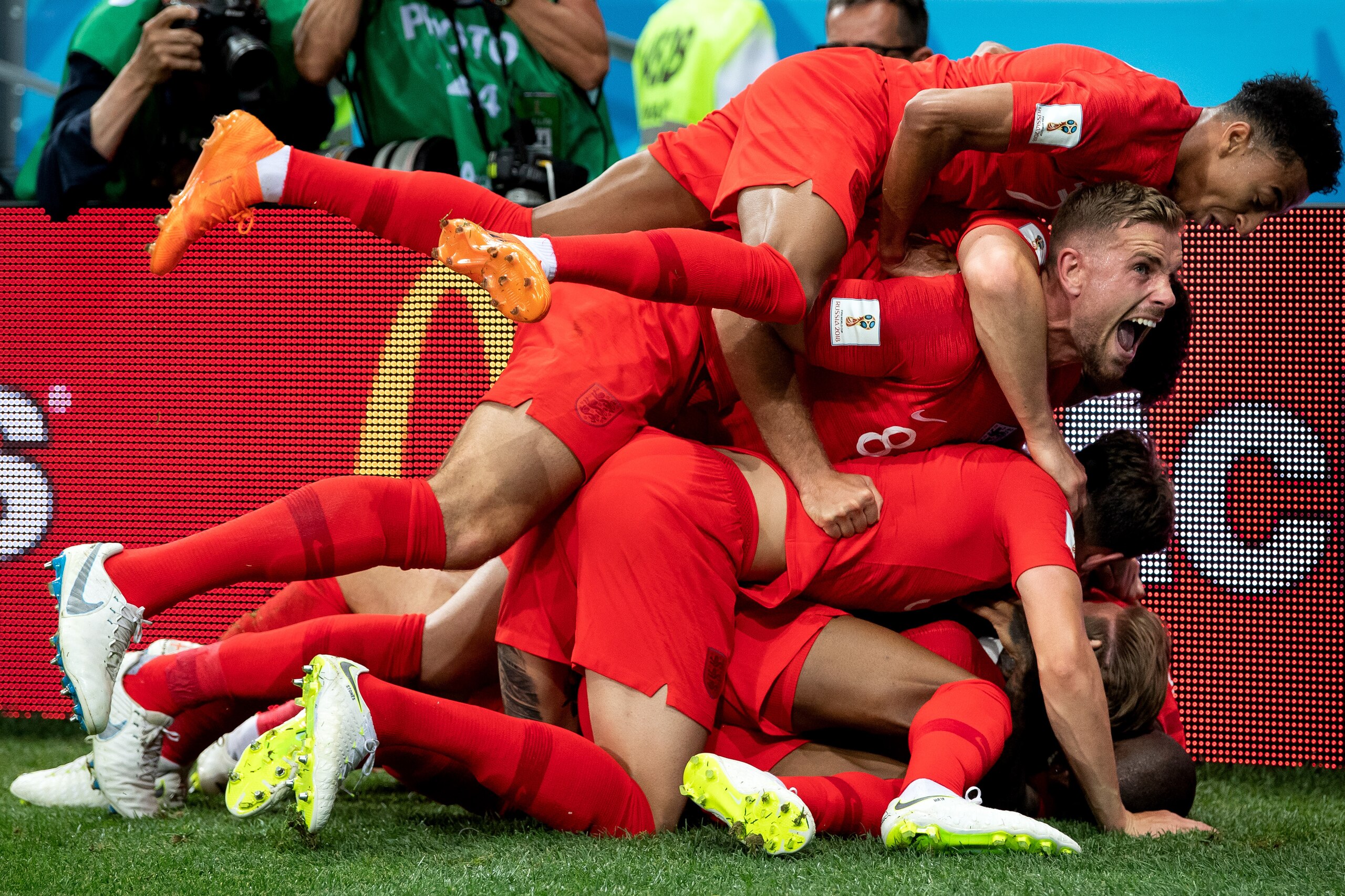 VOLGOGRAD, RUSSIA - JUNE 18:  Harry Kane of England celebrates with teammates after scoring his team's second goal during the 2018 FIFA World Cup Russia group G match between Tunisia and England at Volgograd Arena on June 18, 2018 in Volgograd, Russia.  (