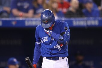 TORONTO, ON - MAY 19: Josh Donaldson #20 of the Toronto Blue Jays during his at bat in the seventh inning during MLB game action against the Oakland Athletics at Rogers Centre on May 19, 2018 in Toronto, Canada. (Photo by Tom Szczerbowski/Getty Images)