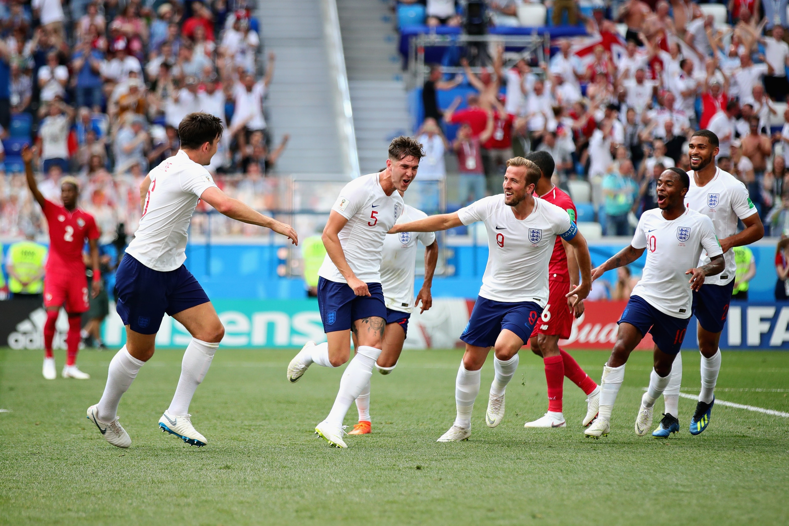 NIZHNY NOVGOROD, RUSSIA - JUNE 24:  John Stones of England celebrates after scoring his sides fourth goal during the 2018 FIFA World Cup Russia group G match between England and Panama at Nizhny Novgorod Stadium on June 24, 2018 in Nizhny Novgorod, Russia