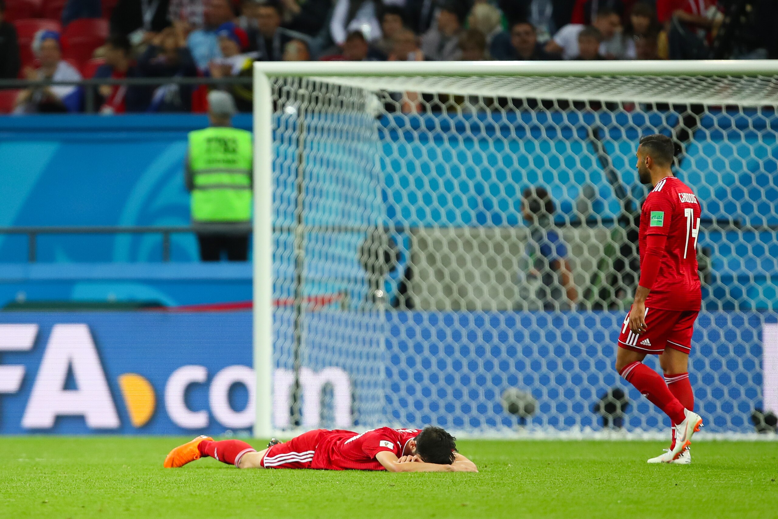 KAZAN, RUSSIA - JUNE 20:    Sardar Azmoun of IR Iran shows his dejection at the end of the 2018 FIFA World Cup Russia group B match between Iran and Spain at Kazan Arena on June 20, 2018 in Kazan, Russia. (Photo by Robbie Jay Barratt - AMA/Getty Images)