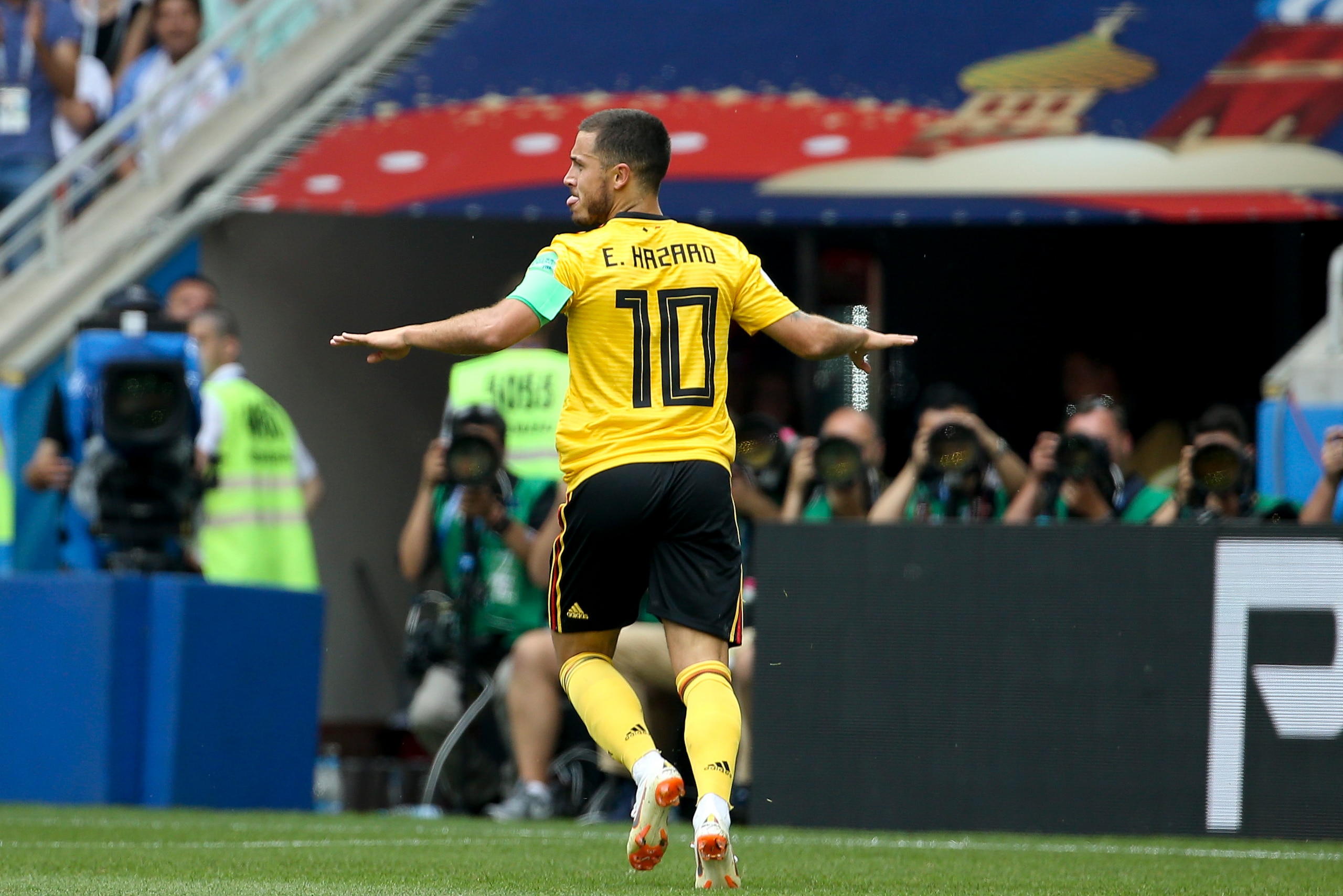 MOSCOW, RUSSIA - JUNE 23: Eden Hazard of Belgium celebrates his second goal during the 2018 FIFA World Cup Russia group G match between Belgium and Tunisia at Spartak Stadium on June 23, 2018 in Moscow, Russia. (Photo by Jean Catuffe/Getty Images)