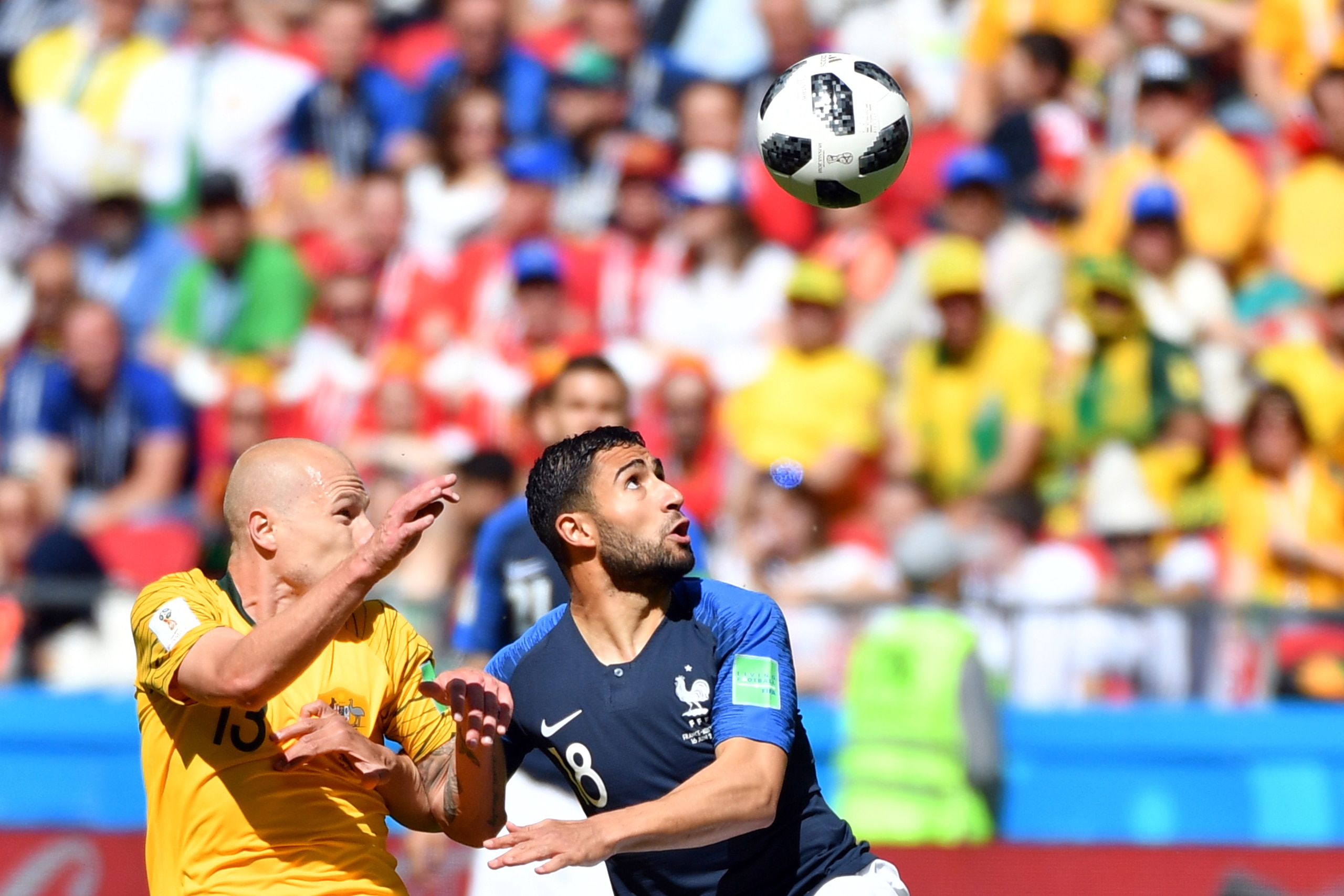 Australia's midfielder Aaron Mooy (L) vies with France's midfielder Nabil Fekir during the Russia 2018 World Cup Group C football match between France and Australia at the Kazan Arena in Kazan on June 16, 2018. (Photo by SAEED KHAN / AFP) / RESTRICTED TO Australia's midfielder Aaron Mooy (L) vies with France's midfielder Nabil Fekir during the Russia 2018 World Cup Group C football match between France and Australia at the Kazan Arena in Kazan on June 16, 2018. (Photo by SAEED KHAN / AFP) / RESTRICTED TO