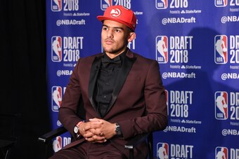 BROOKLYN, NY- JUNE 21:  Trae Young speaks with the media after being selected number five overall during the 2018 2018 NBA Draft on June 21, 2018 in Brooklyn, NY. NOTE TO USER: User expressly acknowledges and agrees that, by downloading and/or using this 
