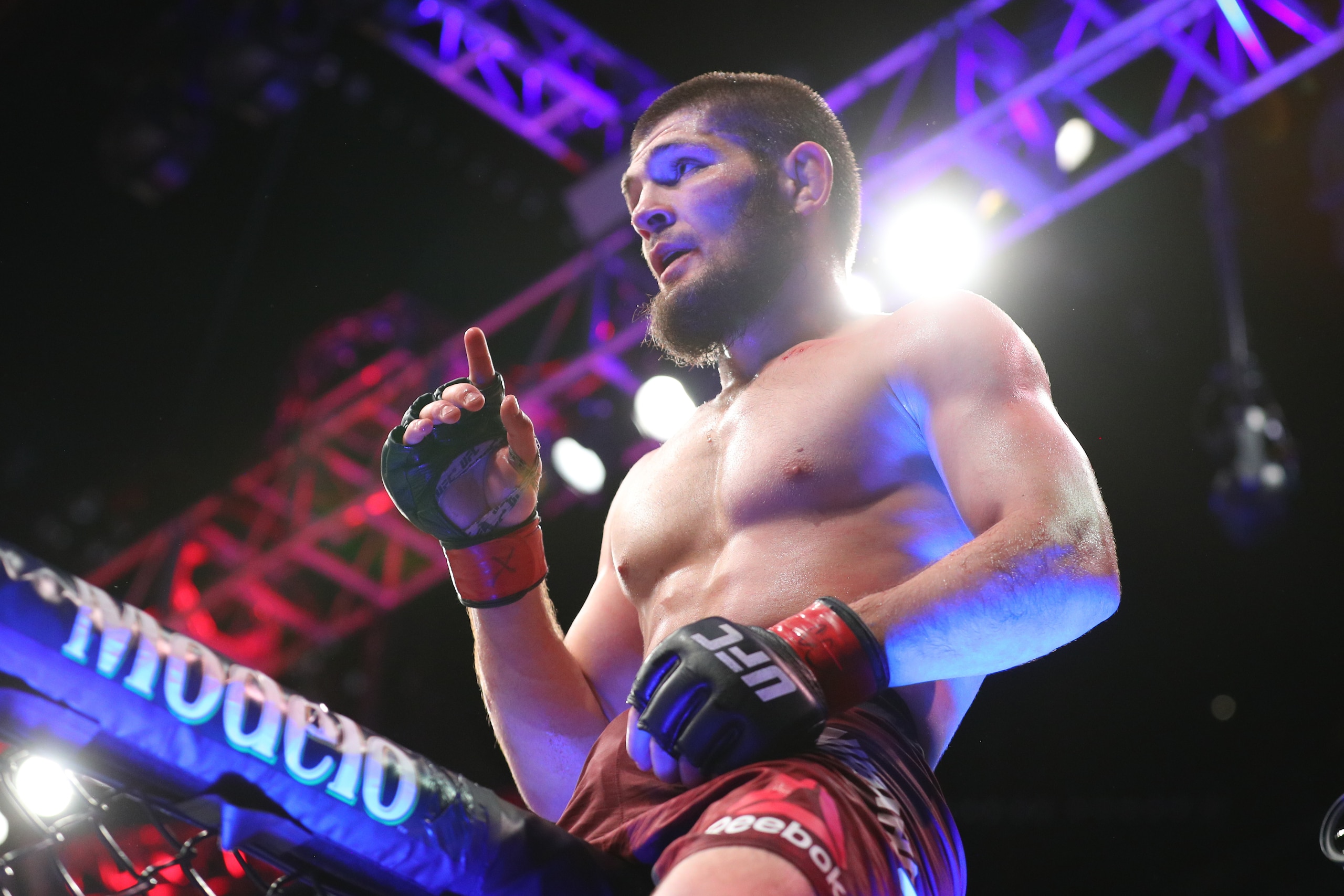 NEW YORK, NY - APRIL 07:  Khabib Nurmagomedov celebrates his win over Al Iaquinta (not shown) to capture the UFC lightweight championship at UFC 223 at Barclays Center on April 7, 2018 in New York City. (Photo by Ed Mulholland/Getty Images)