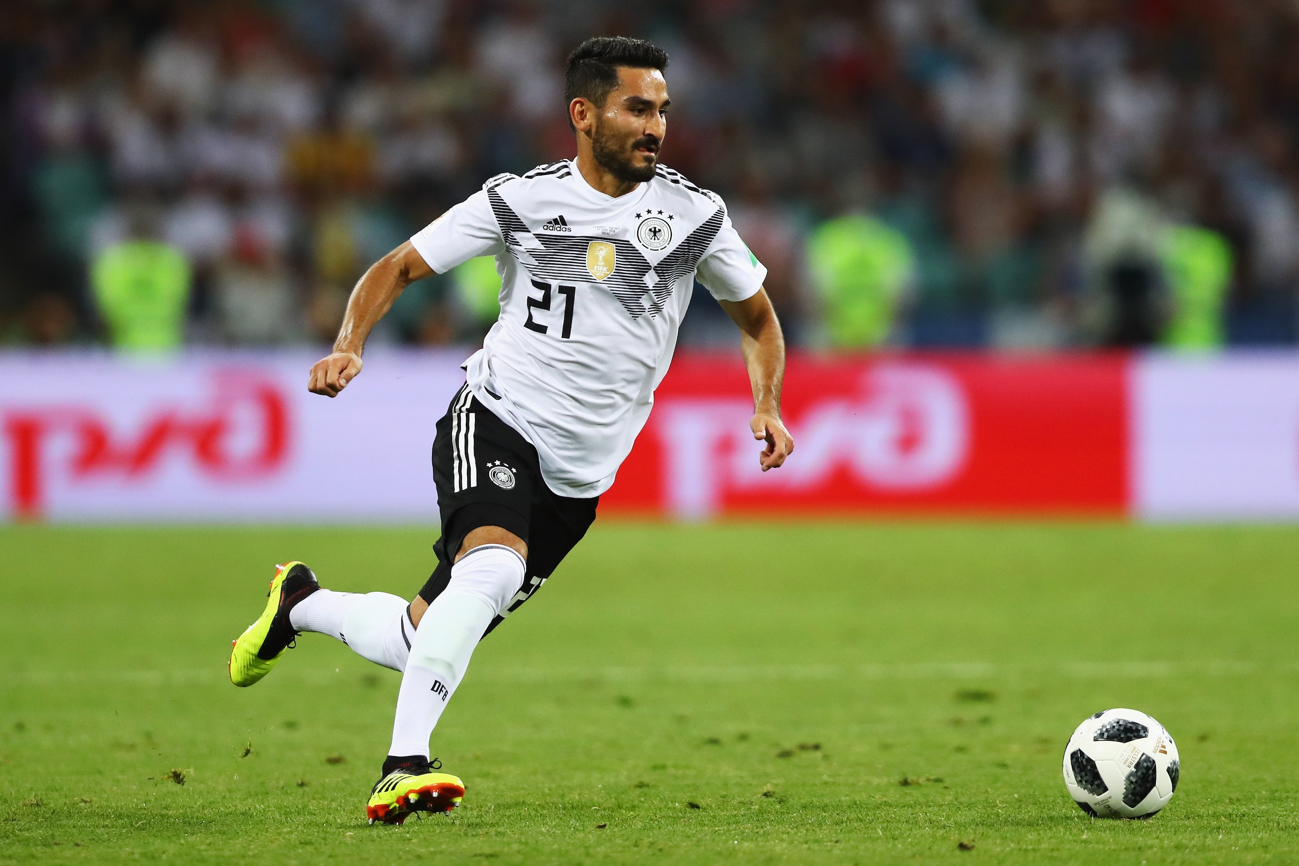SOCHI, RUSSIA - JUNE 23:  Ilkay Gundogan of Germany in action during the 2018 FIFA World Cup Russia group F match between Germany and Sweden at Fisht Stadium on June 23, 2018 in Sochi, Russia.  (Photo by Dean Mouhtaropoulos/Getty Images)