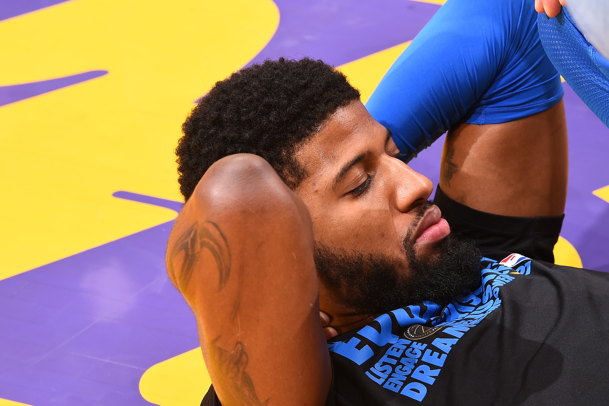 LOS ANGELES, CA - FEBRUARY 8: Paul George #13 of the Oklahoma City Thunder warms up before the game against the Los Angeles Lakers on February 8, 2018 at STAPLES Center in Los Angeles, California. NOTE TO USER: User expressly acknowledges and agrees that,
