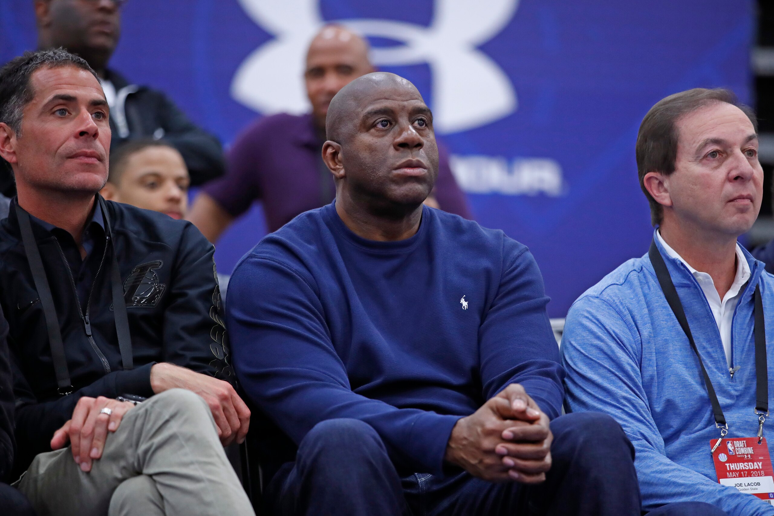 CHICAGO, IL - MAY 17:  Rob Pelinka, Magic Johnson of the Los Angeles Lakers and Joe Lacob of the Golden State Warriors attend the NBA Draft Combine Day 1 at the Quest Multisport Center on May 17, 2018 in Chicago, Illinois. NOTE TO USER: User expressly ack