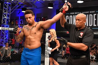 LAS VEGAS, NV - JUNE 12:  Greg Hardy celebrates after knocking out Austen Lane in their heavyweight bout during Dana White's Tuesday Night Contender Series at the TUF Gym on June 12, 2018 in Las Vegas, Nevada. (Photo by Jeff Bottari/DWTNCS LLC)