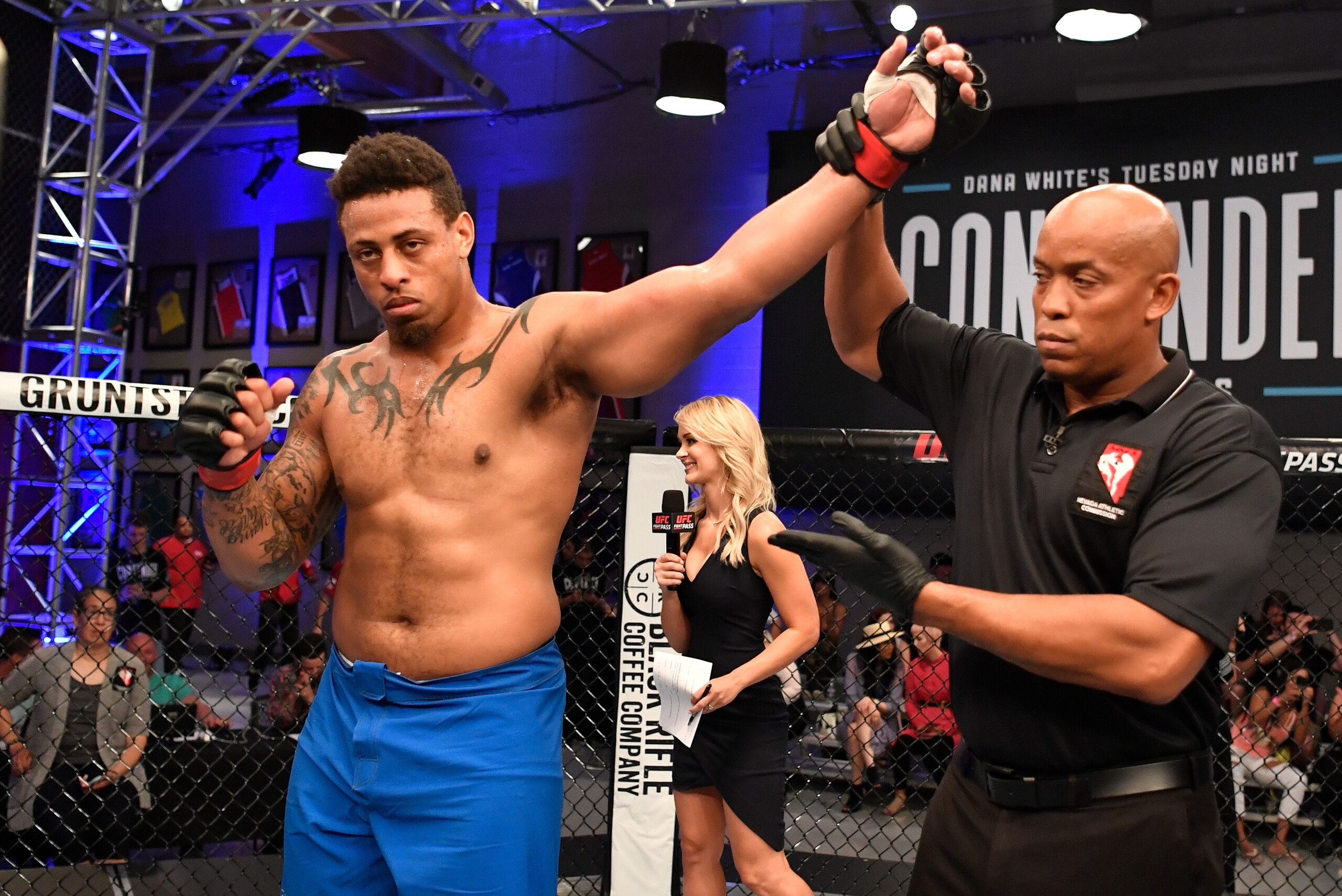 LAS VEGAS, NV - JUNE 12:  Greg Hardy celebrates after knocking out Austen Lane in their heavyweight bout during Dana White's Tuesday Night Contender Series at the TUF Gym on June 12, 2018 in Las Vegas, Nevada. (Photo by Jeff Bottari/DWTNCS LLC)