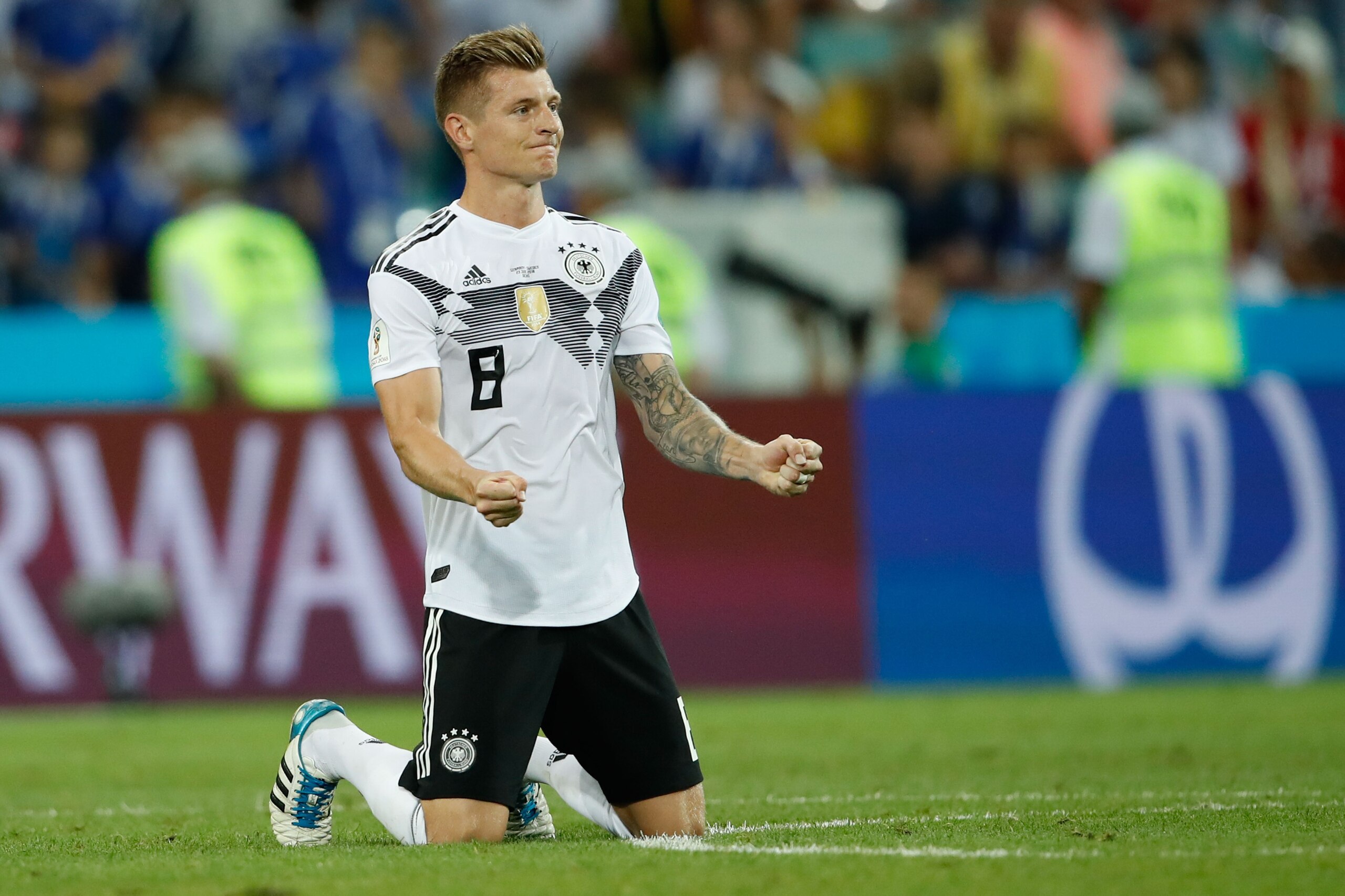 TOPSHOT - Germany's midfielder Toni Kroos celebrates after winning at the end of the Russia 2018 World Cup Group F football match between Germany and Sweden at the Fisht Stadium in Sochi on June 23, 2018. (Photo by Odd ANDERSEN / AFP) / RESTRICTED TO EDIT